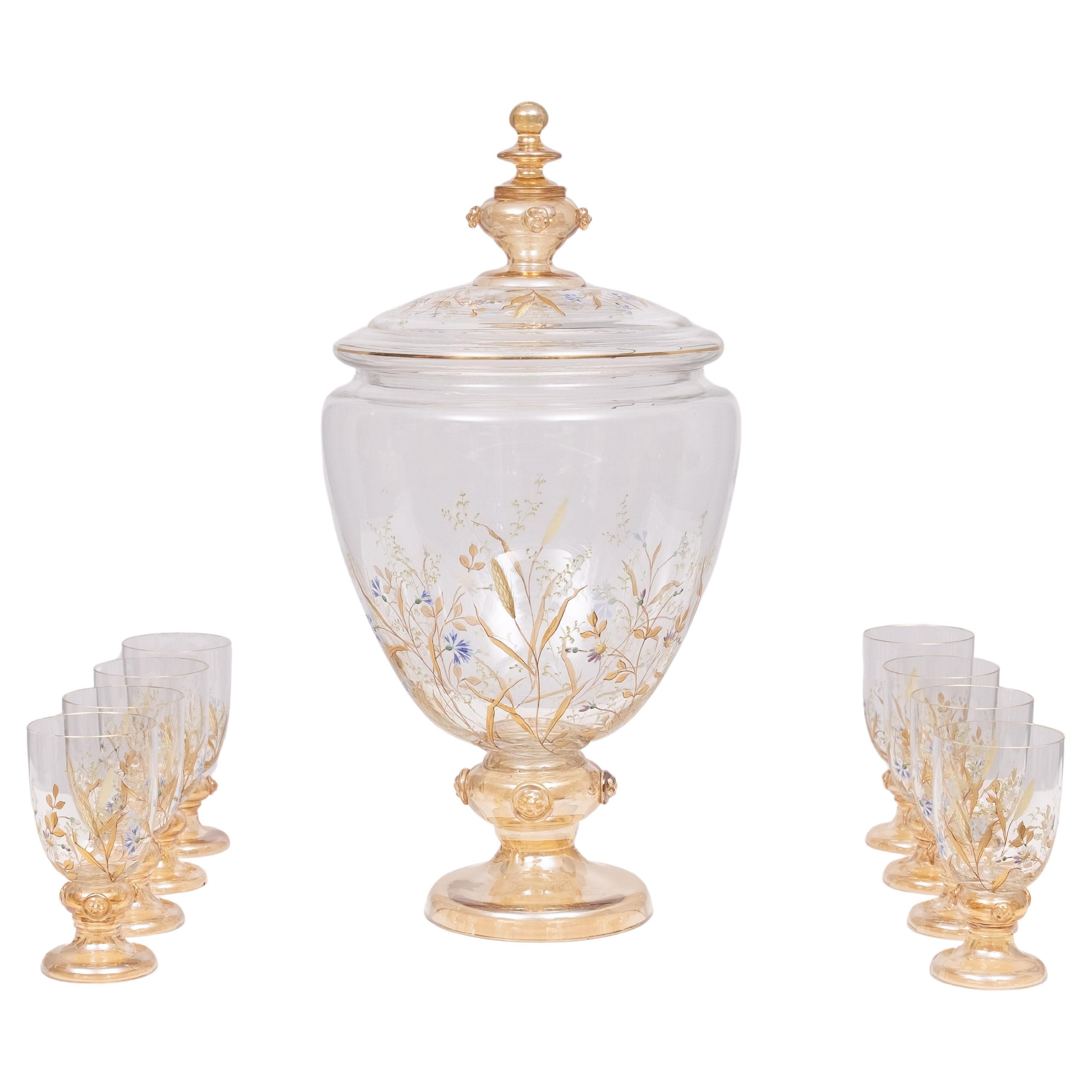 Superbe service en verre émaillé ancien pour les fruits, les desserts ou les punchs. 1880 en vente