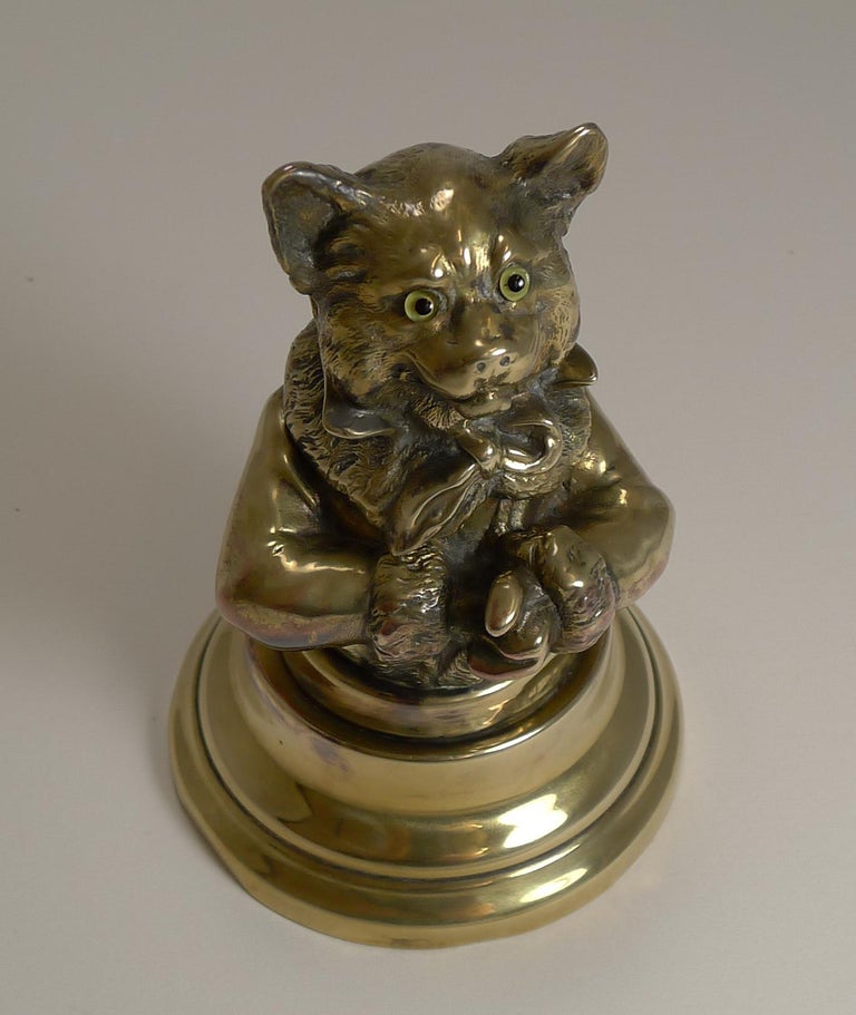 Stunning Antique English Brass Novelty Inkwell, Cat, circa 1880 at