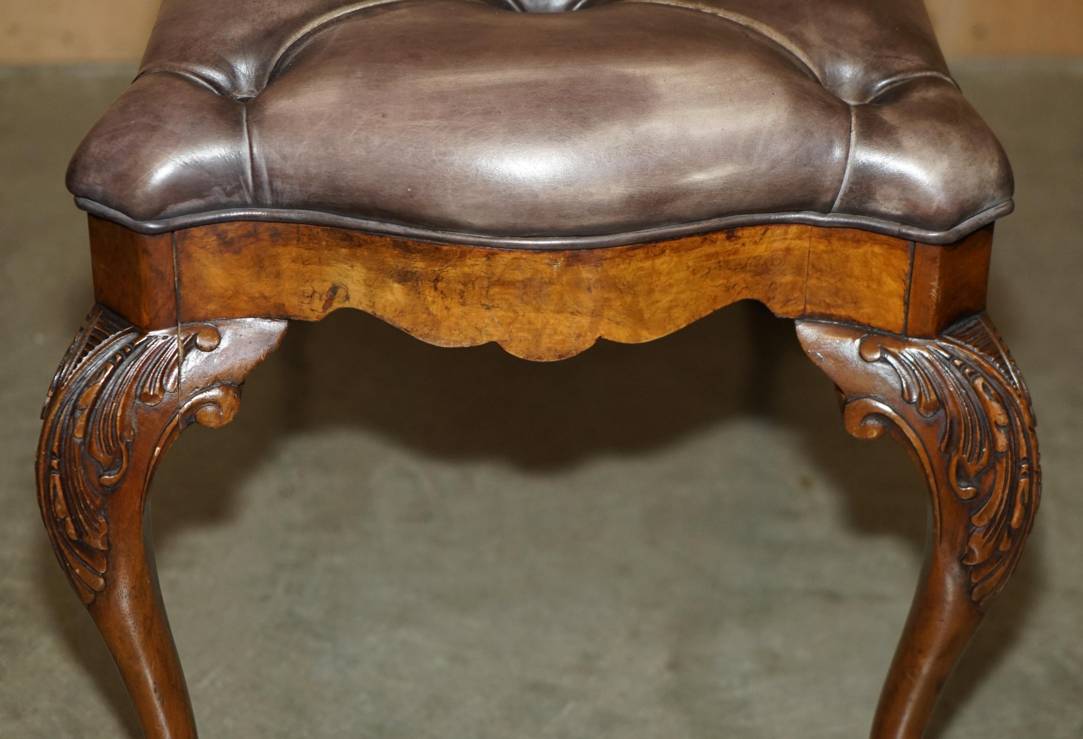 STUNNING ANTIQUE ENGLiSH BURR WALNUT BROWN LEATHER CLAW & BALL WINDOW SEATCH (panchina con finestra) in vendita 5