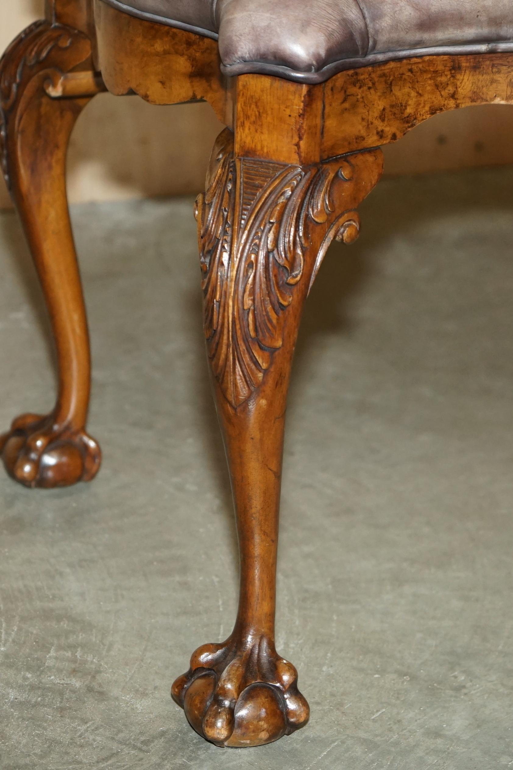 STUNNING ANTIQUE ENGLiSH BURR WALNUT BROWN LEATHER CLAW & BALL WINDOW SEATCH (panchina con finestra) in vendita 8