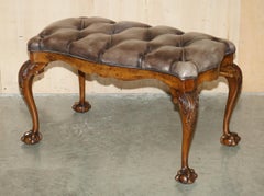 STUNNING ANTIQUE ENGLiSH BURR WALNUT BROWN LEATHER CLAW & BALL WINDOW SEAT BENCH