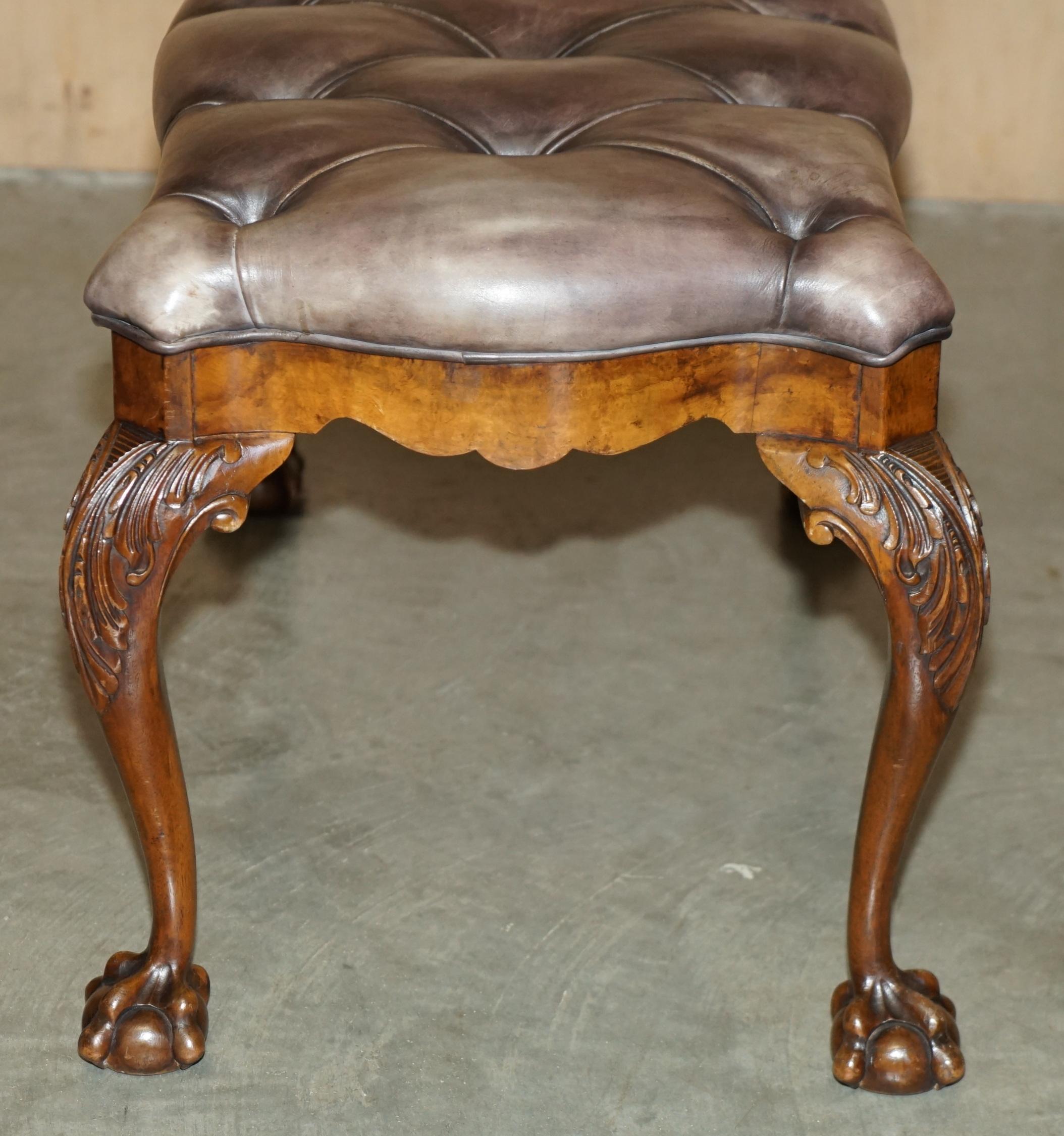 STUNNING ANTIQUE ENGLiSH BURR WALNUT BROWN LEATHER CLAW & BALL WINDOW SEATCH (panchina con finestra) in vendita 12