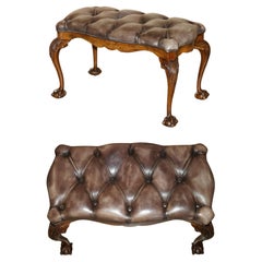 STUNNING ANTIQUE ENGLiSH BURR WALNUT BROWN LEATHER CLAW & BALL WINDOW SEAT BENCH