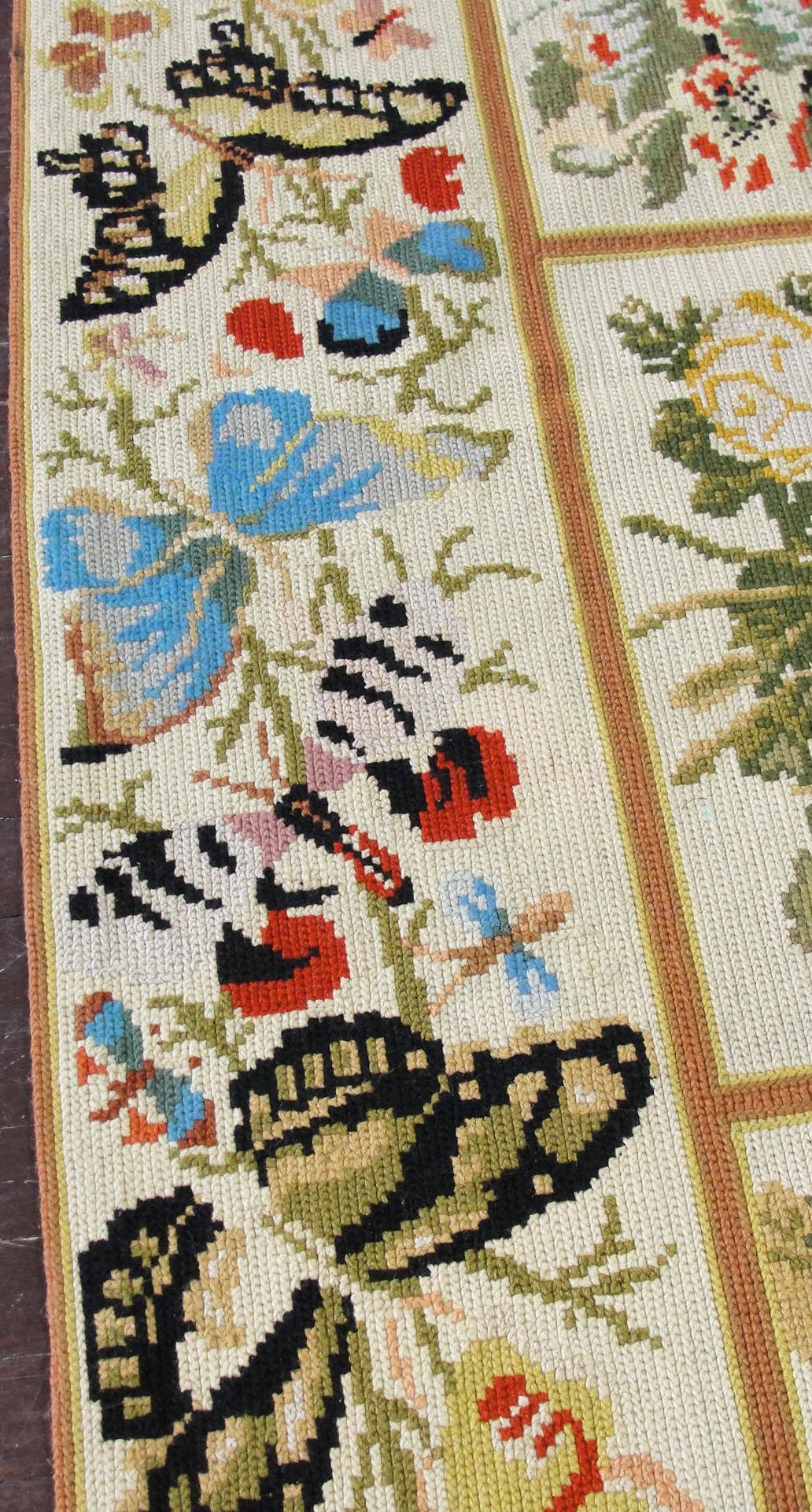 Hand-Crafted Antique English Butterfly Needlework Carpet