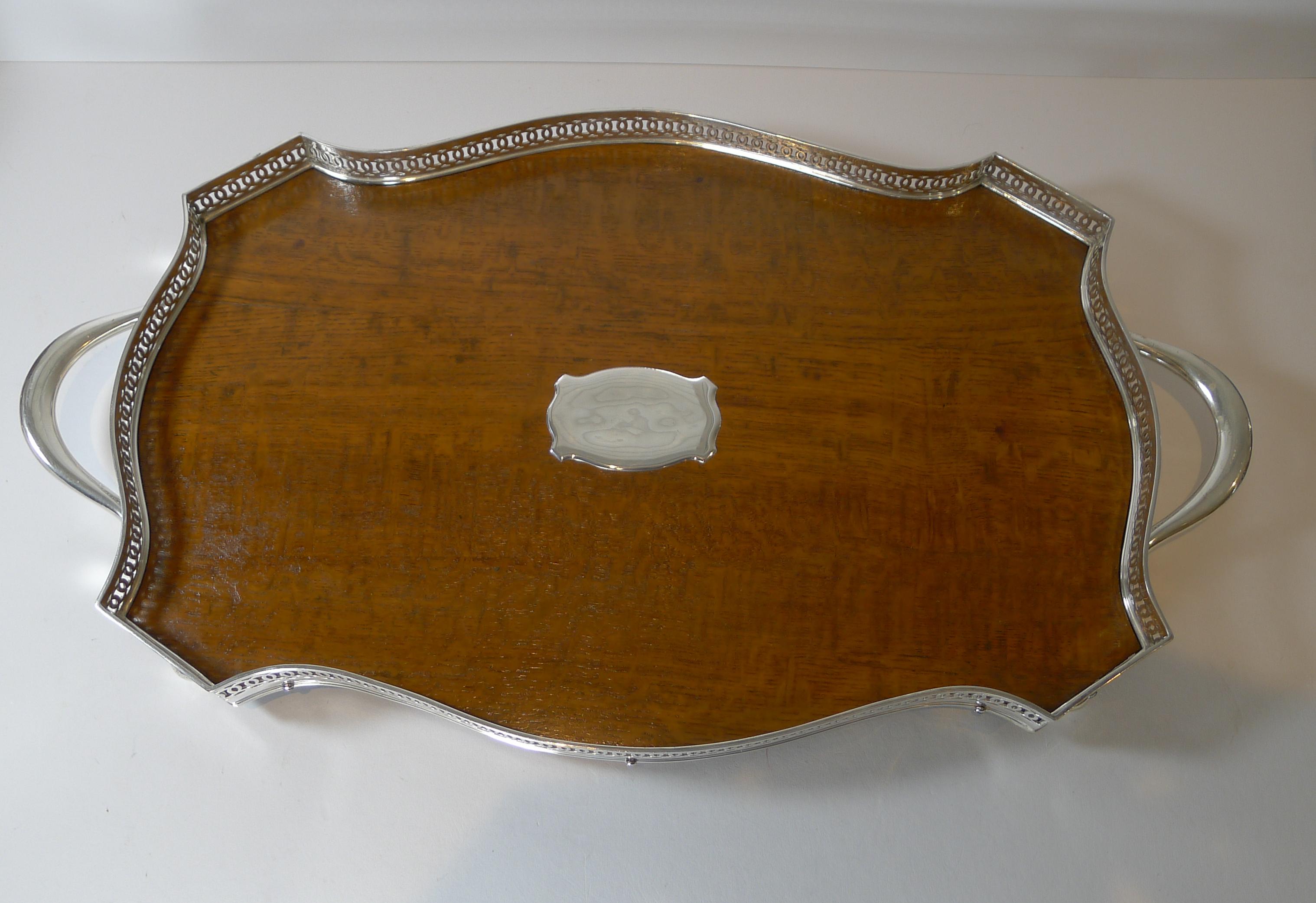 Edwardian Stunning Antique English Oak and Silver Plate Drinks Tray c.1900