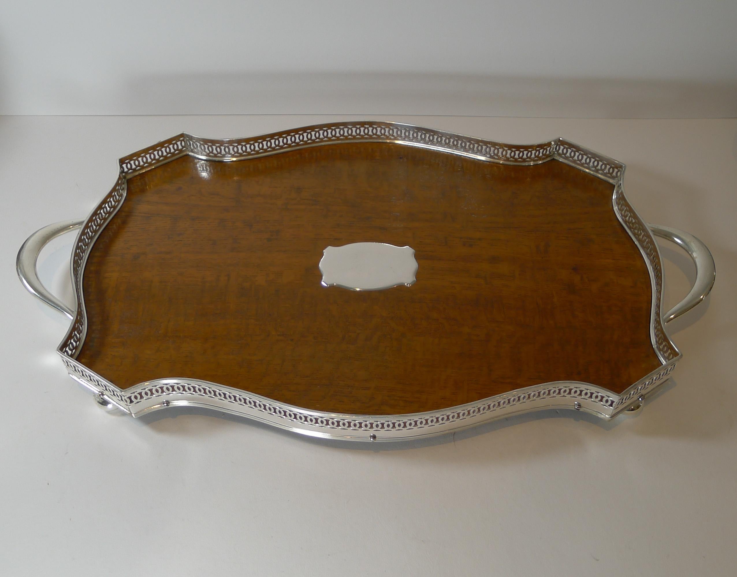 European Stunning Antique English Oak and Silver Plate Drinks Tray c.1900