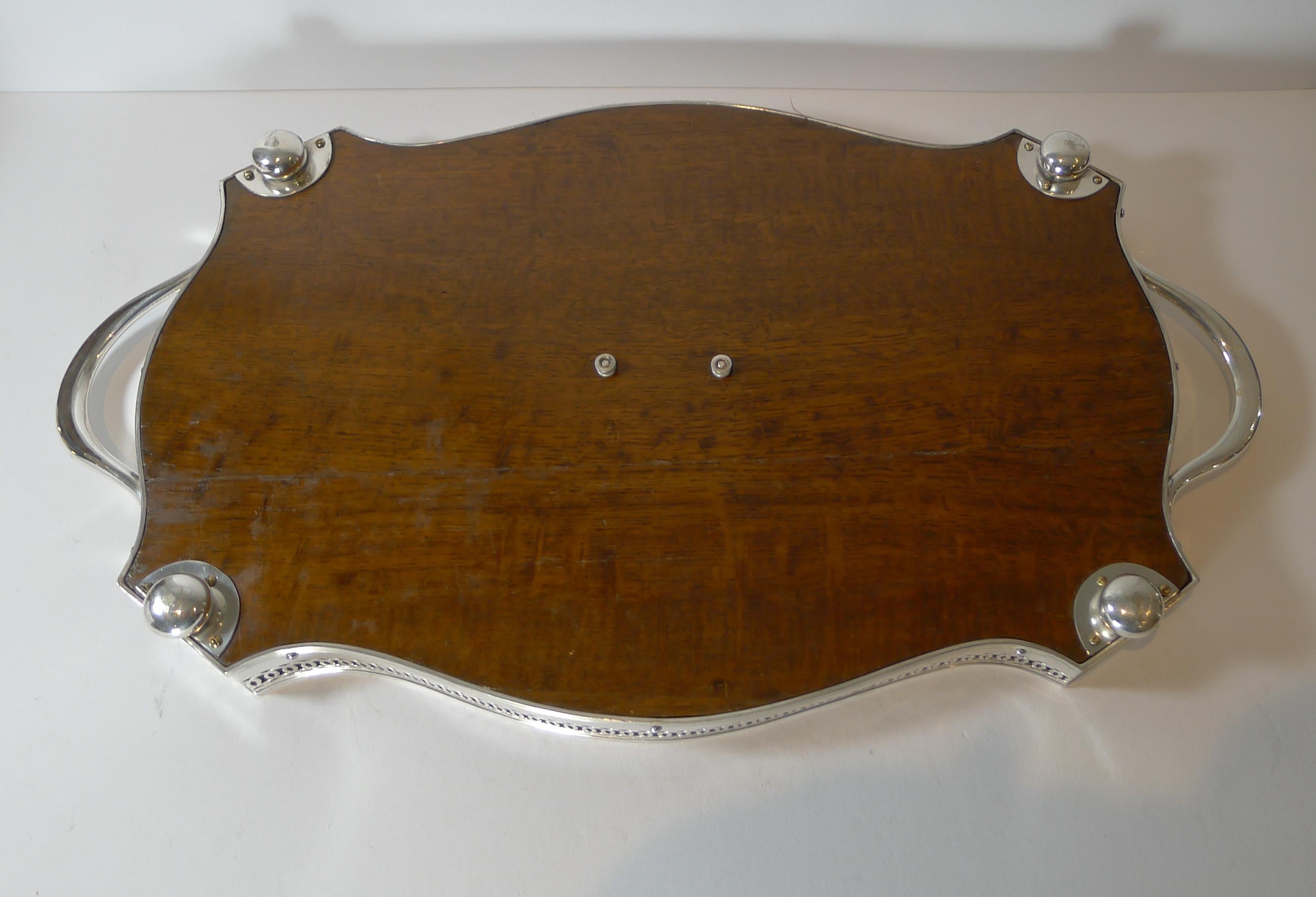 Stunning Antique English Oak and Silver Plate Drinks Tray c.1900 1
