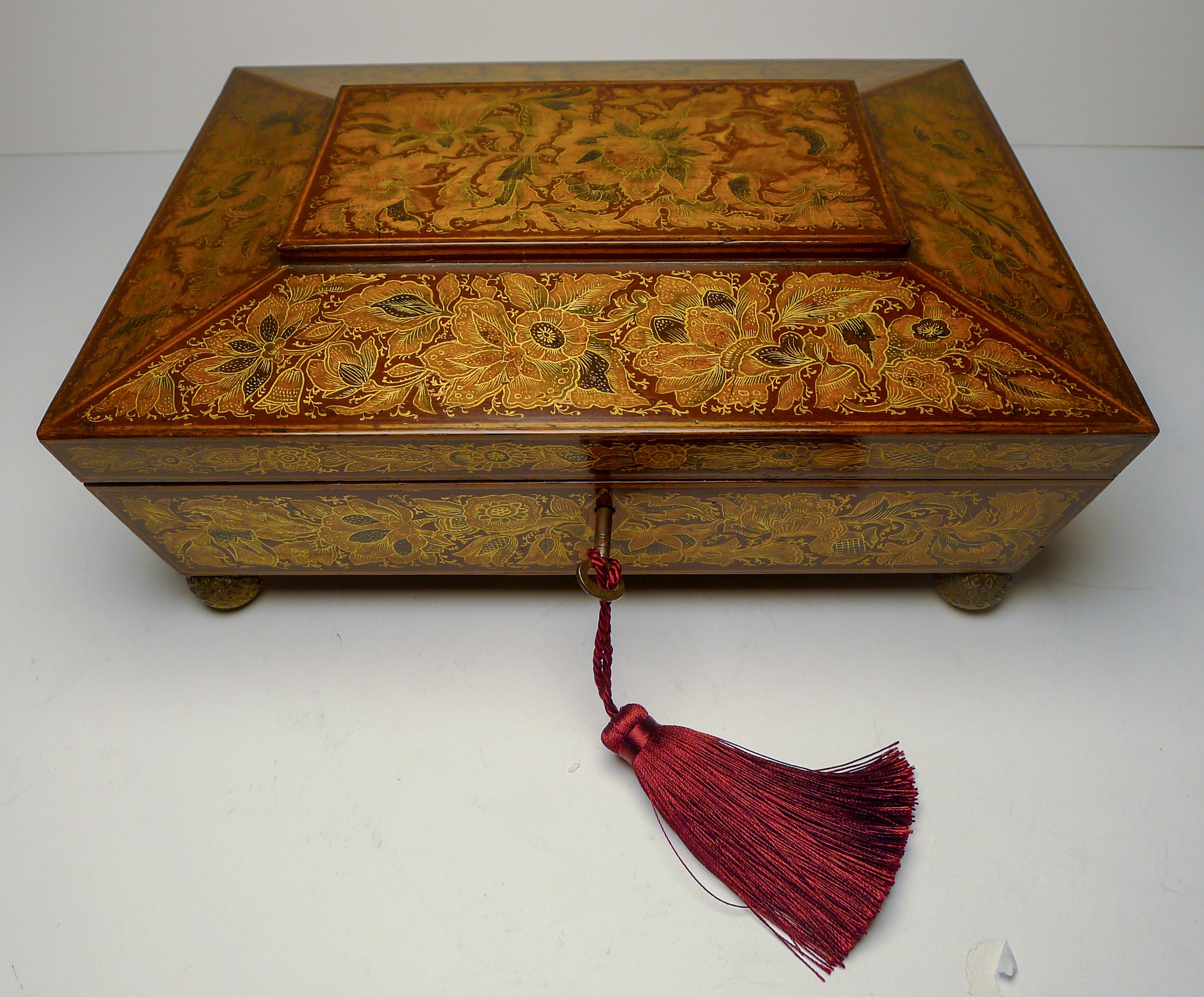 Atemberaubende antike englische Regency Penwork Games Box c.1820 (Holz) im Angebot
