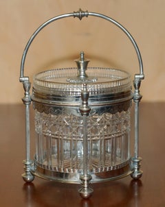STUNNiNG ANTIQUE ENGLISH SILVER PLATED CUT GLASS CRYSTAL BISCUIT FRUIT BOWL JAR