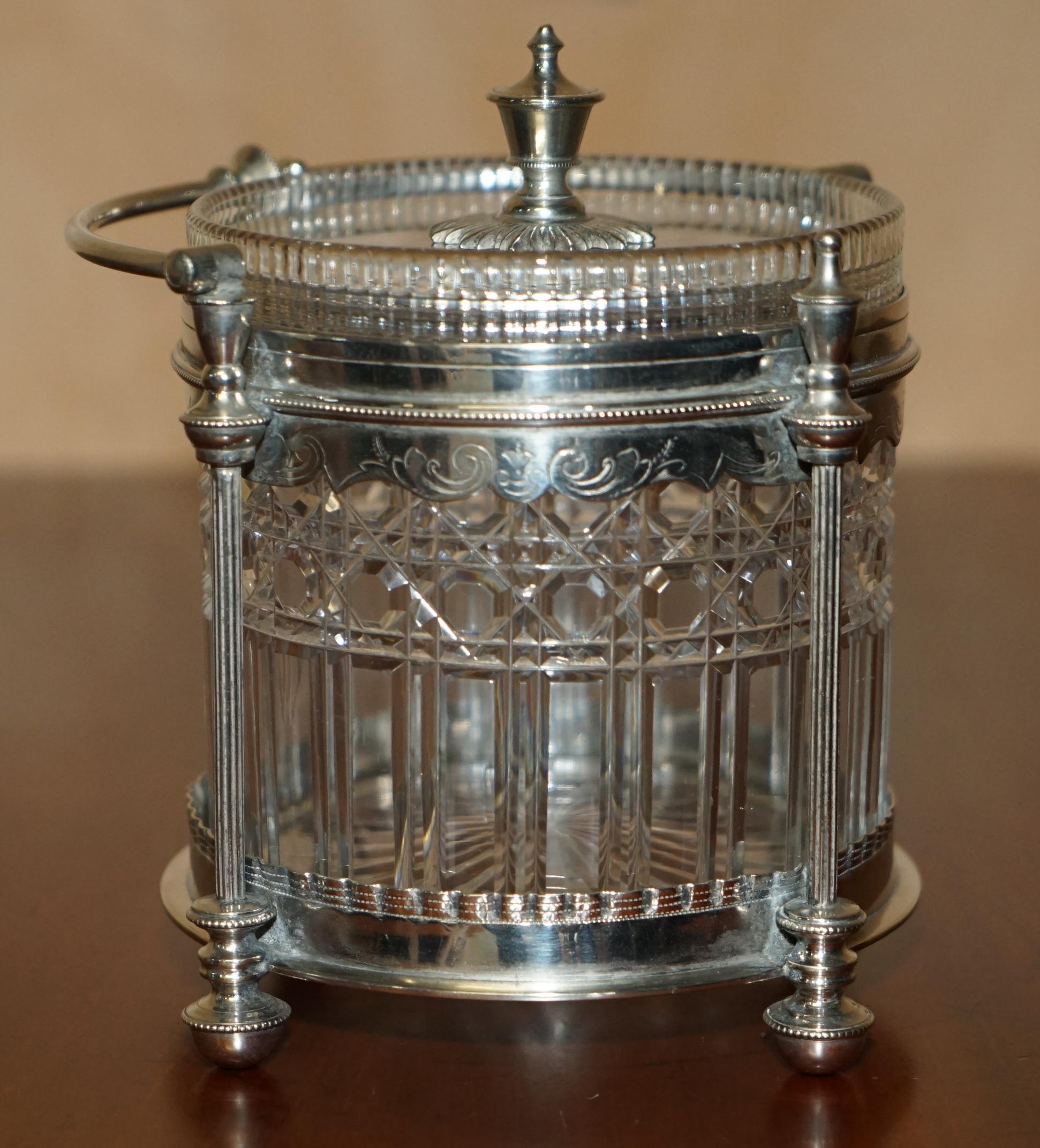 Hand-Crafted STUNNiNG ANTIQUE ENGLISH SILVER PLATED CUT GLASS CRYSTAL BISCUIT FRUIT BOWL JAR For Sale