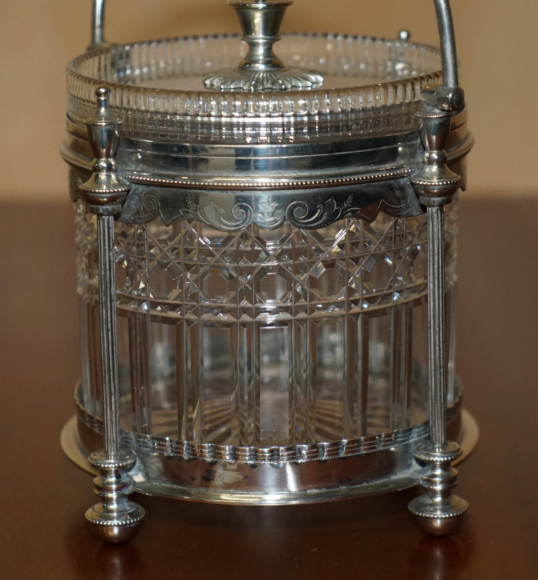 Mid-19th Century STUNNiNG ANTIQUE ENGLISH SILVER PLATED CUT GLASS CRYSTAL BISCUIT FRUIT BOWL JAR For Sale