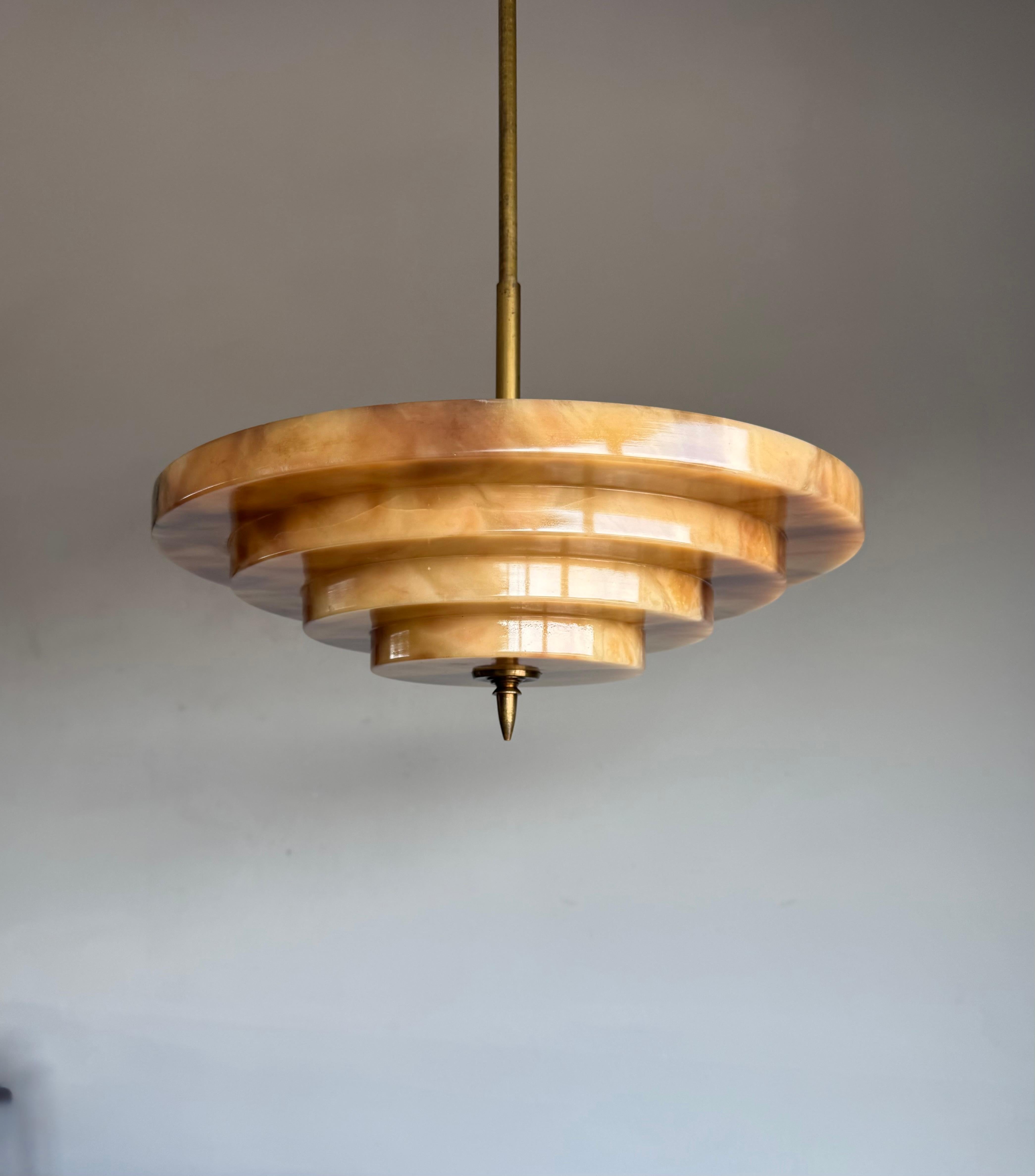 Hand-Carved Stunning Antique, Four Layers Art Deco Design Alabaster Pendant Light circa 1920 For Sale