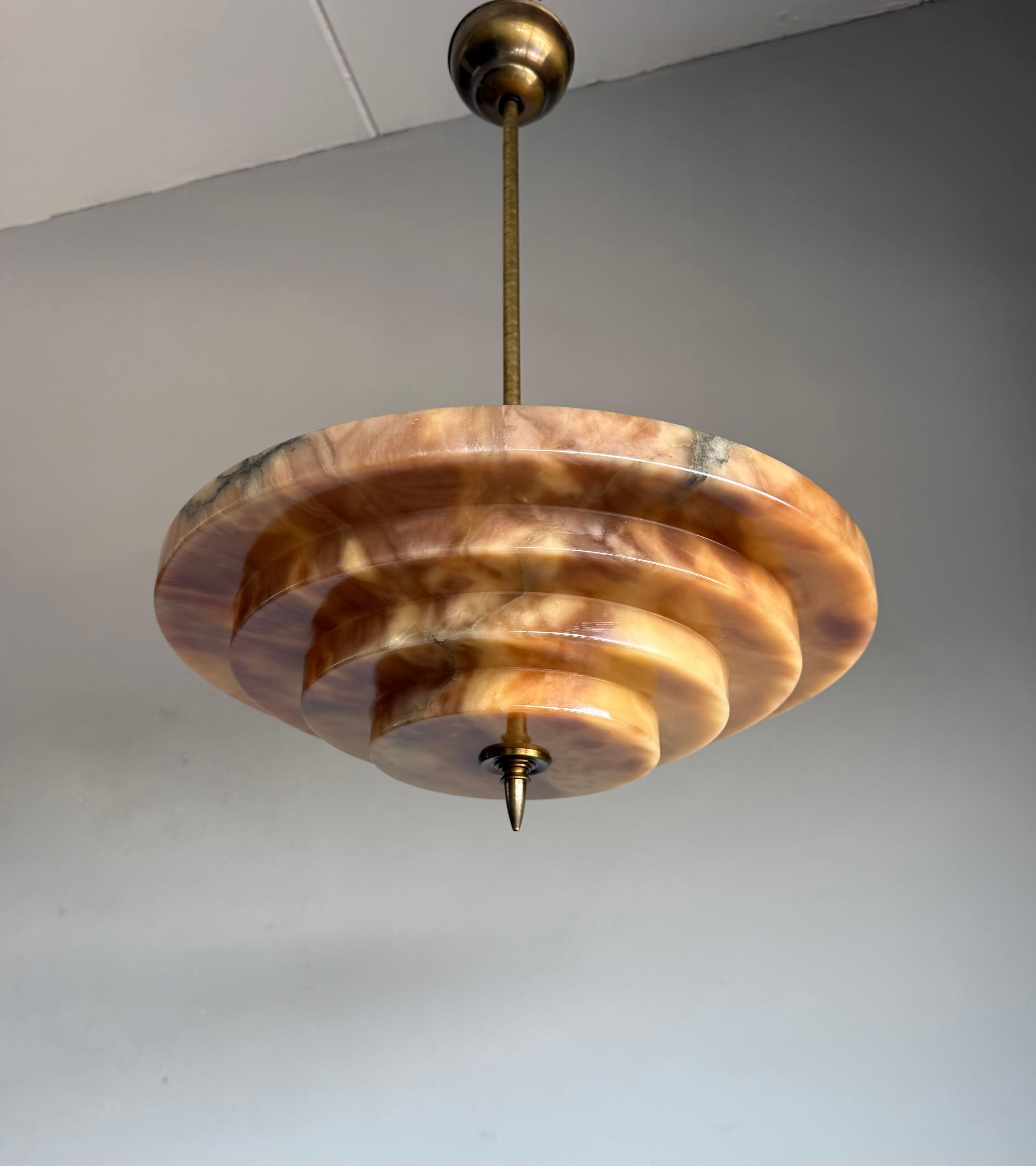 Brass Stunning Antique, Four Layers Art Deco Design Alabaster Pendant Light circa 1920 For Sale