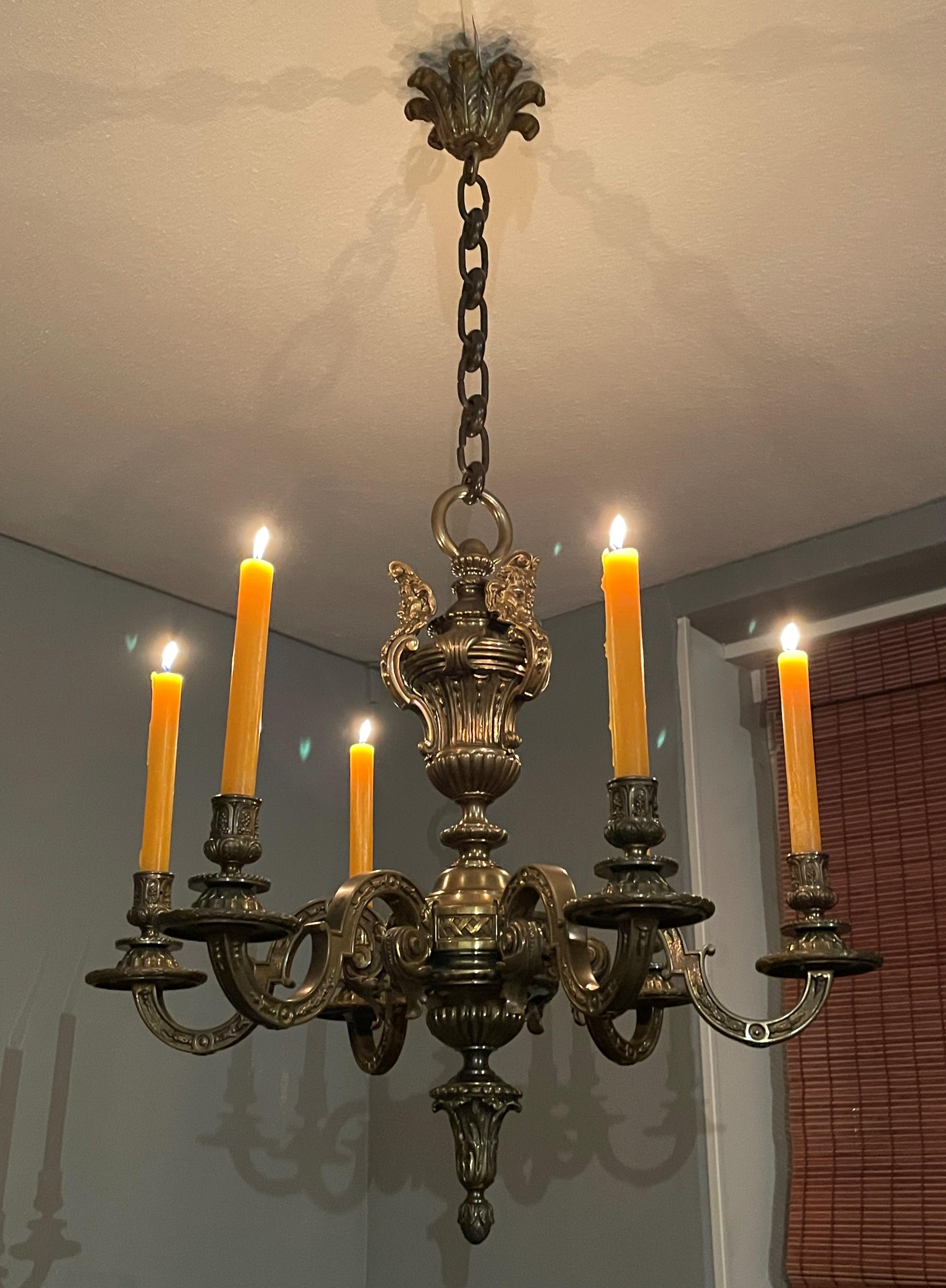 Louis XIV Stunning Antique French and Finest Bronze Sculptural Candle Chandelier / Pendant For Sale