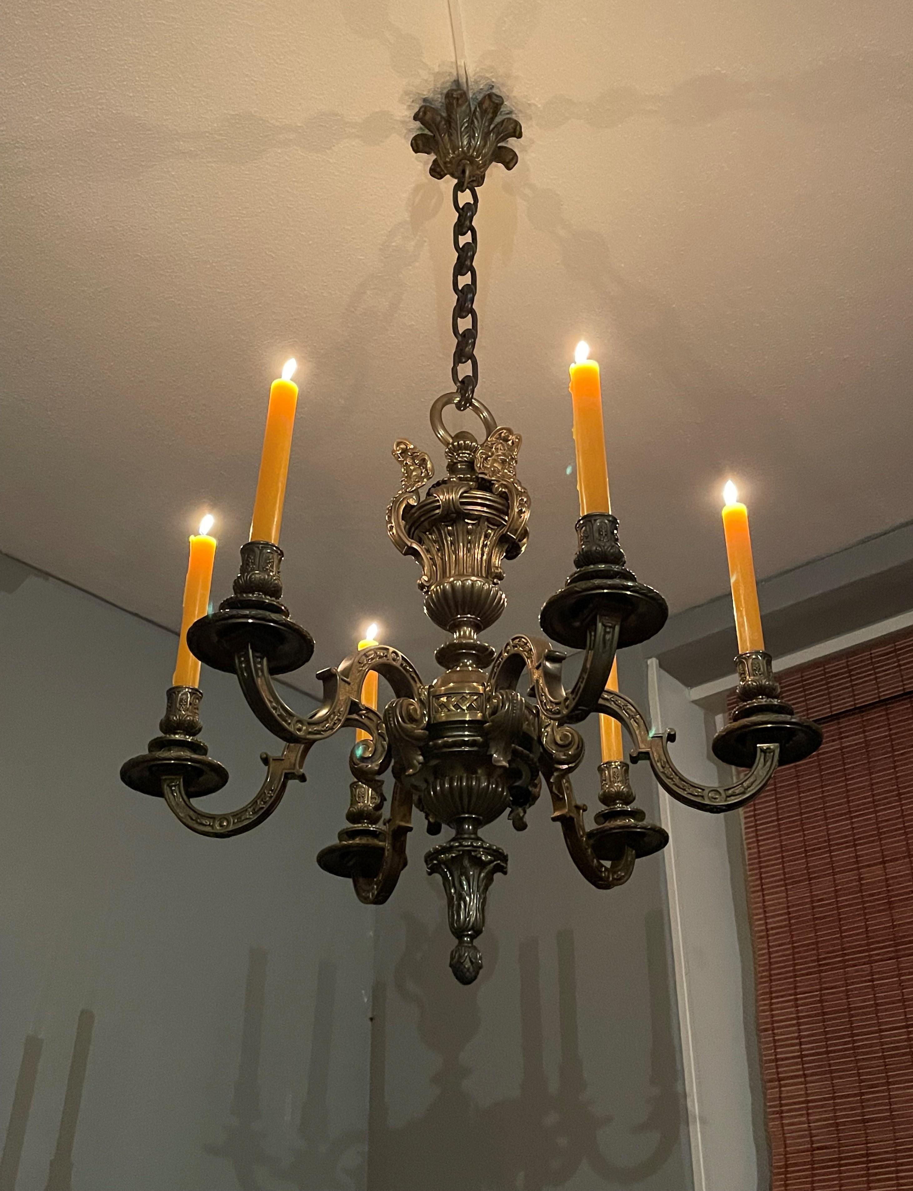 Stunning Antique French and Finest Bronze Sculptural Candle Chandelier / Pendant For Sale 1