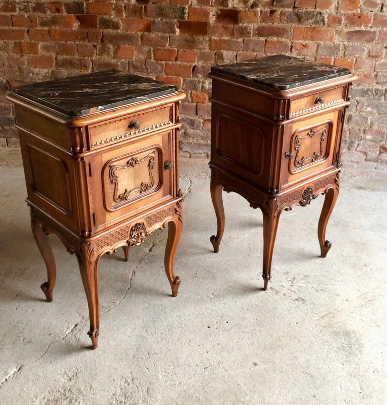 Stunning Antique French Bedside Tables Nightstands Marble Pair