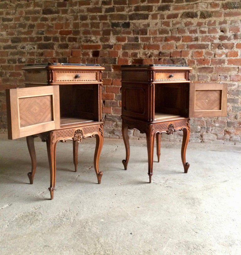 Stunning Antique French Bedside Tables Nightstands Marble Pair