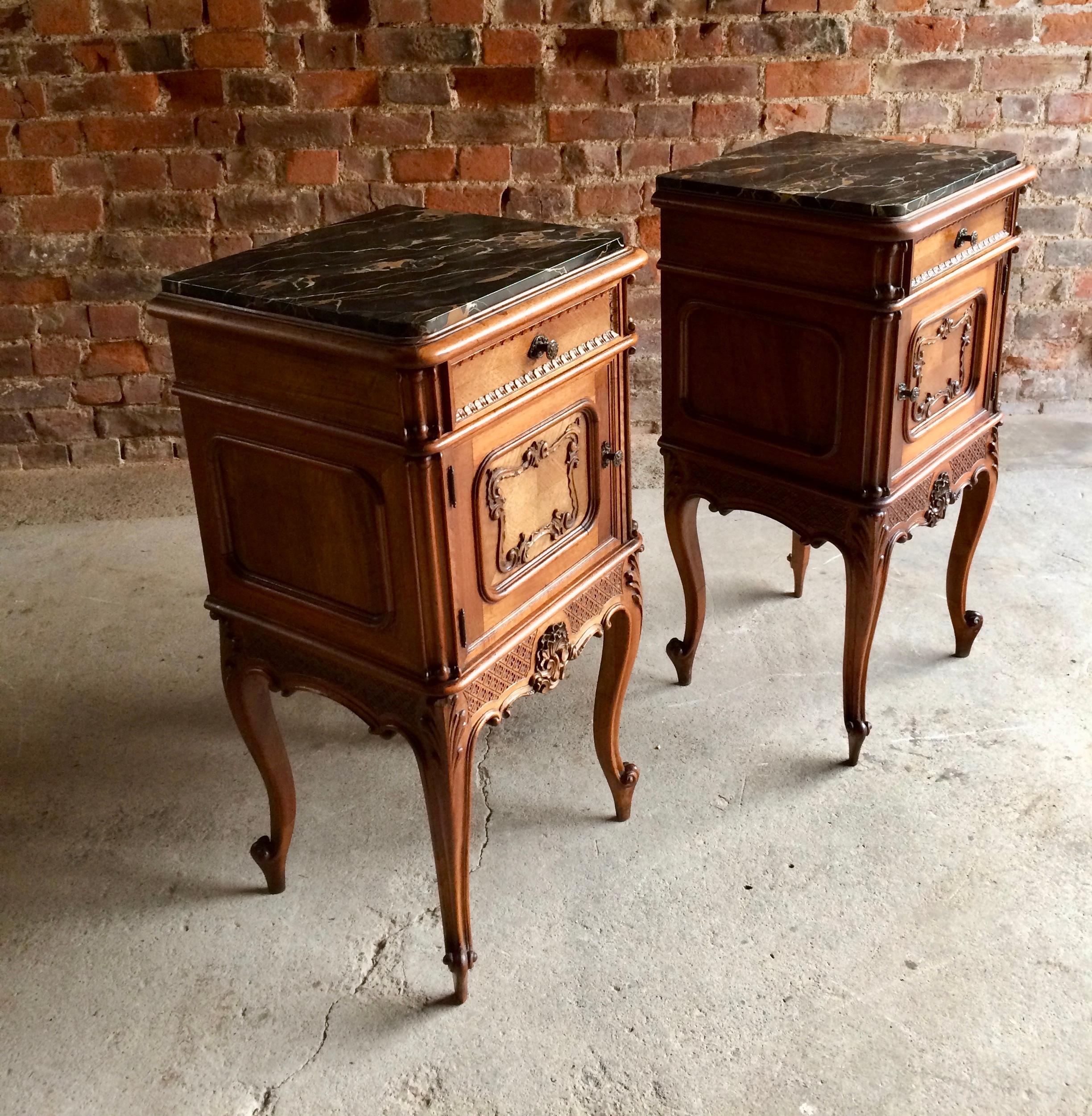 19th Century Stunning Antique French Bedside Tables Nightstands Marble Pair, Victorian, 1890