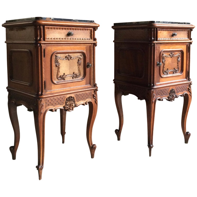 Stunning Antique French Bedside Tables Nightstands Marble Pair