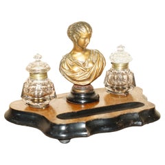 Stunning Antique French Bronze Statue on Inkwell Stand, circa 1880