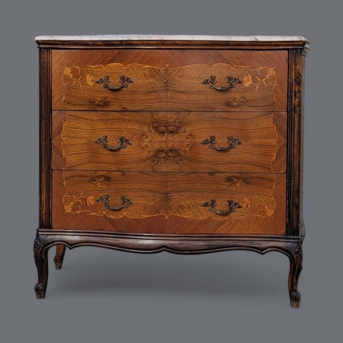 Antique French Louis XV Style Walnut Marquetry Buffet with Marble Top In Good Condition For Sale In Rancho Cucamonga, CA