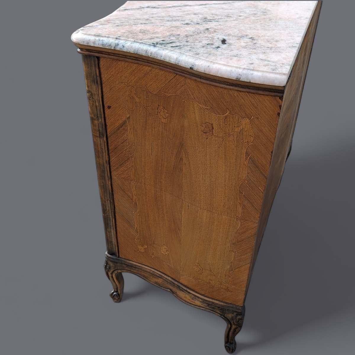 19th Century Antique French Louis XV Style Walnut Marquetry Buffet with Marble Top For Sale