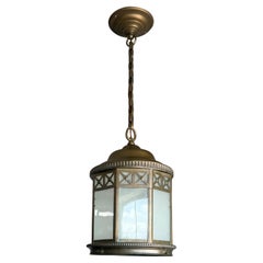 Stunning Antique French Neoclassical Brass Lantern Pendant w Frosted Glass c1910