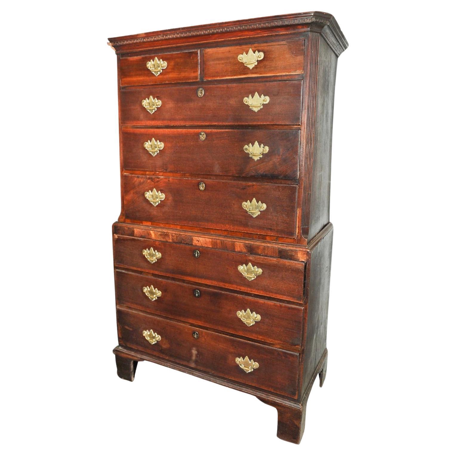 Stunning Antique George III Figured Chest on Chest with Greek Key Moulded Top