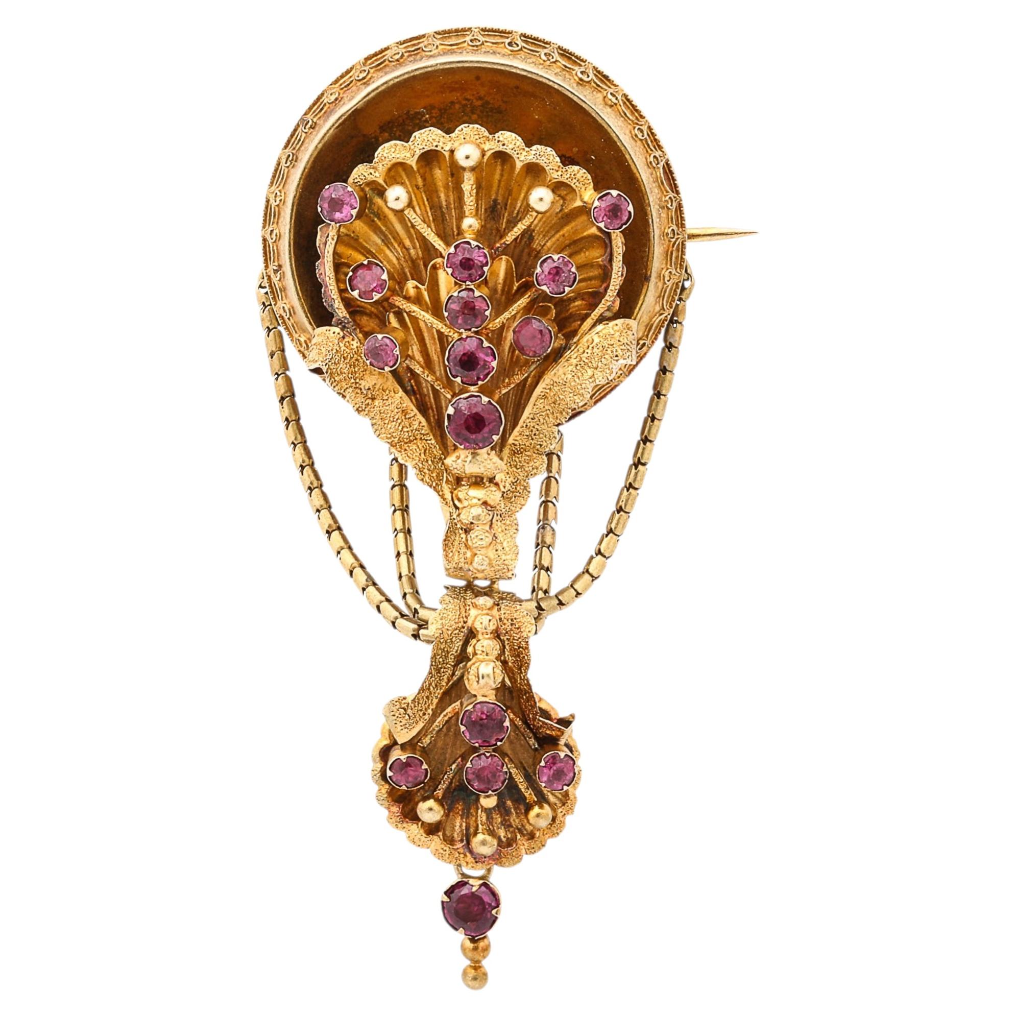 Impresionante broche antiguo georgiano floral de oro de 10 quilates con amatistas de talla redonda en venta