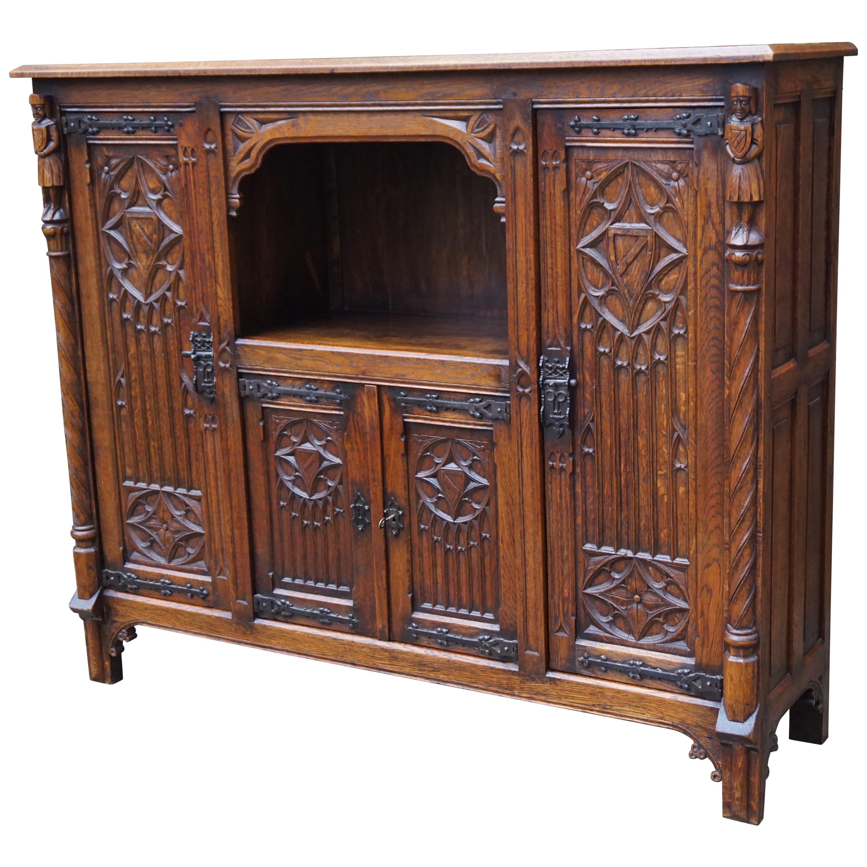 Stunning Antique Gothic Revival Hand Carved Bookcase / Sideboard