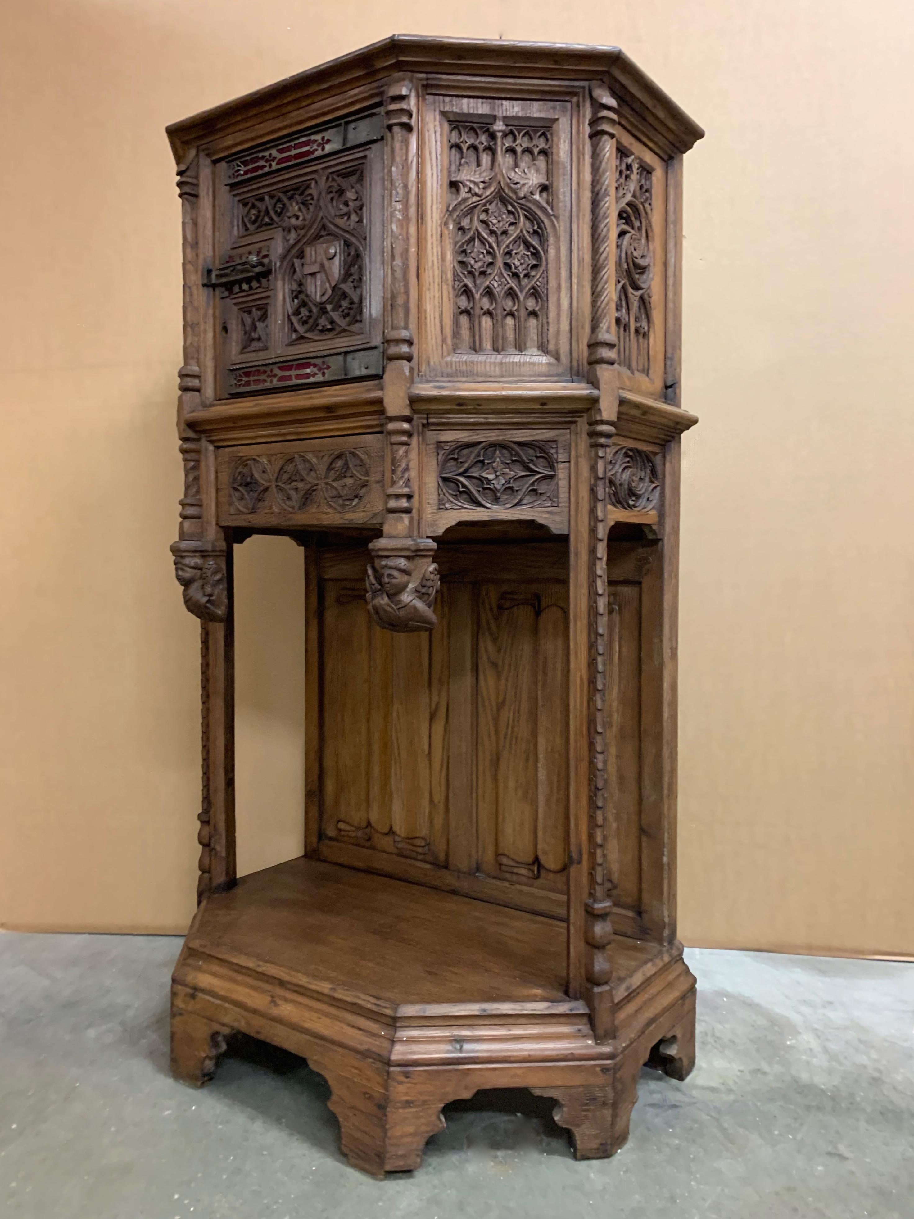 Gothic Revival Drinks Cabinet w Church Window Panels and Angel sculptures For Sale 2