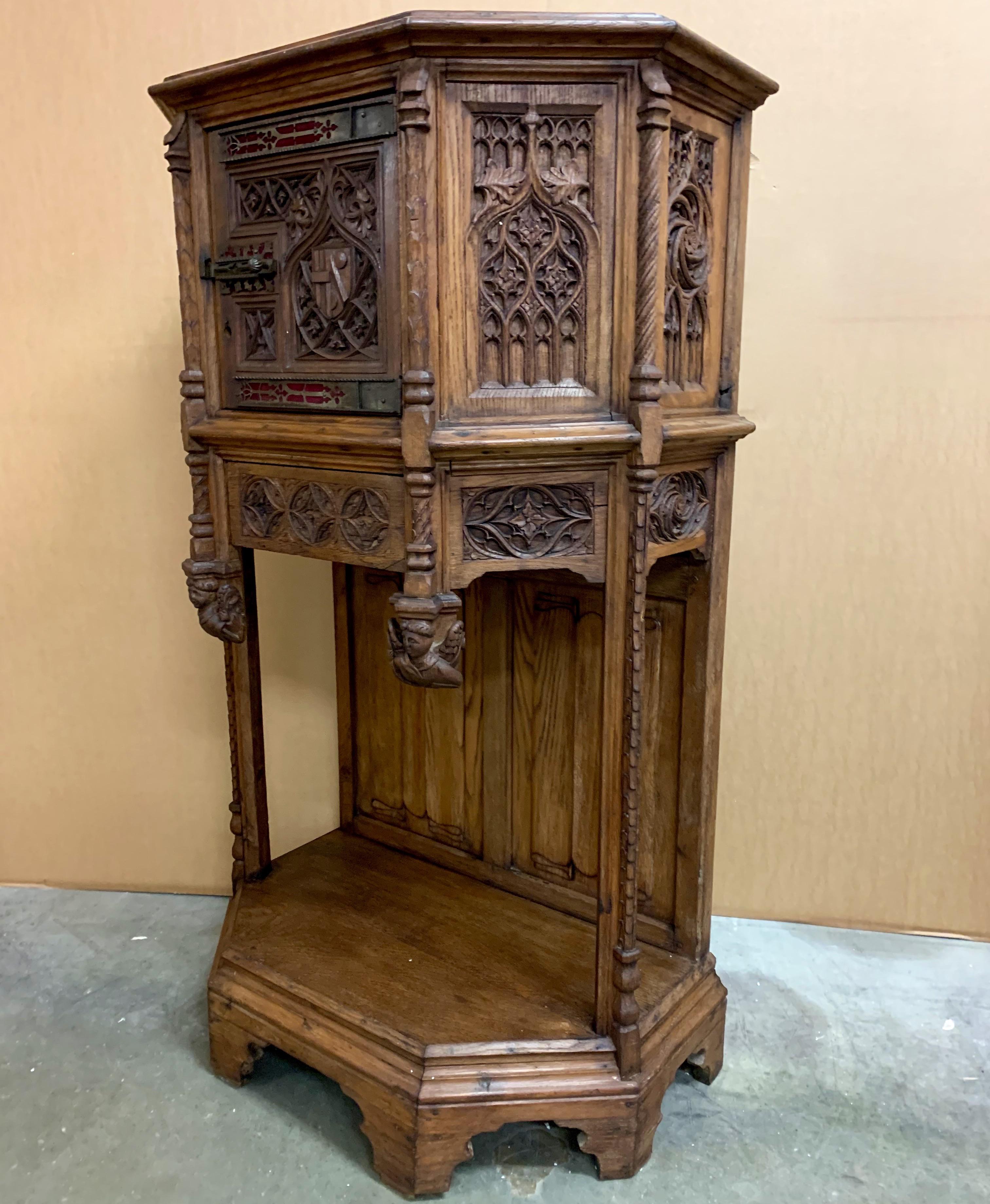 Forged Gothic Revival Drinks Cabinet w Church Window Panels and Angel sculptures For Sale