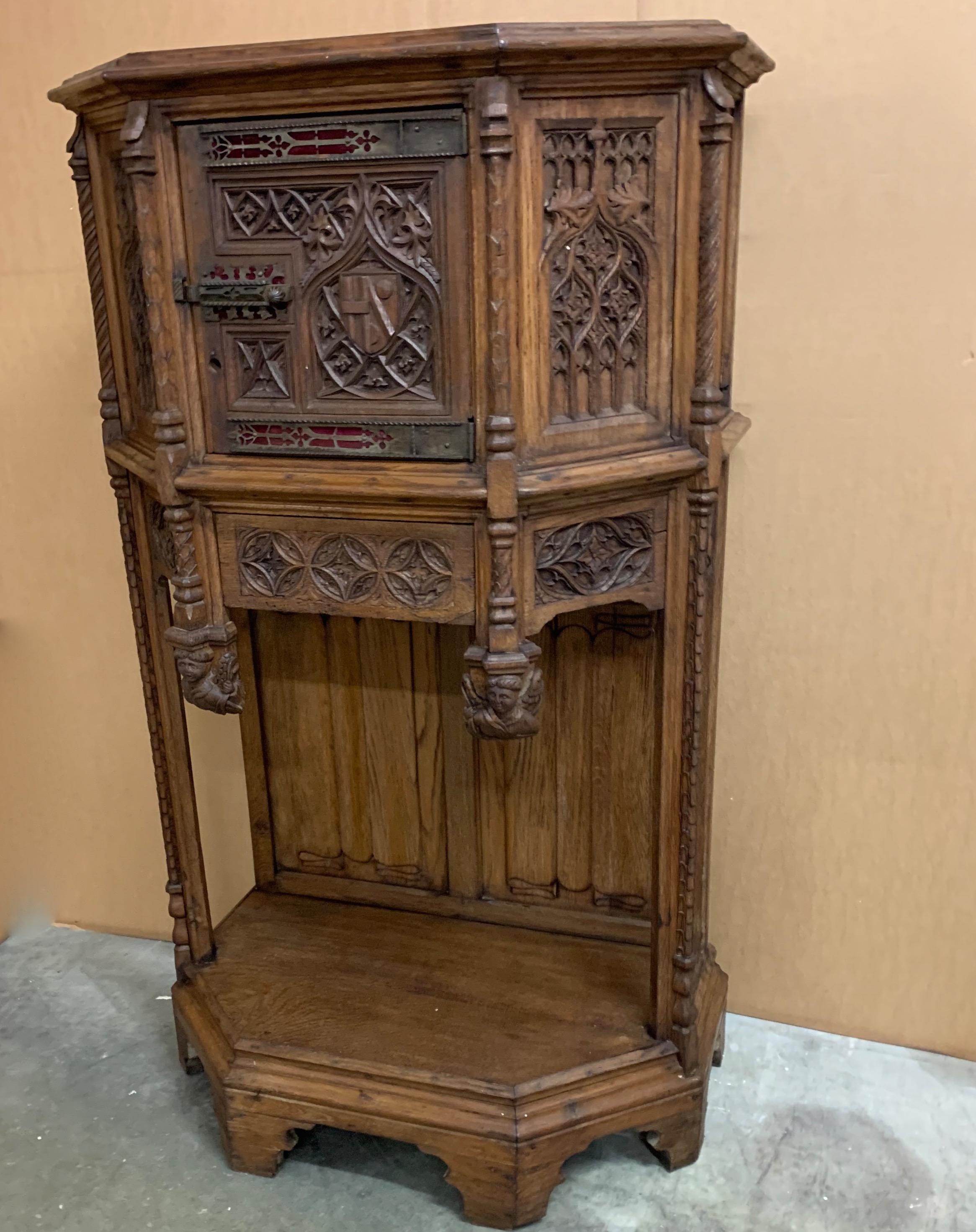 19th Century Gothic Revival Drinks Cabinet w Church Window Panels and Angel sculptures For Sale