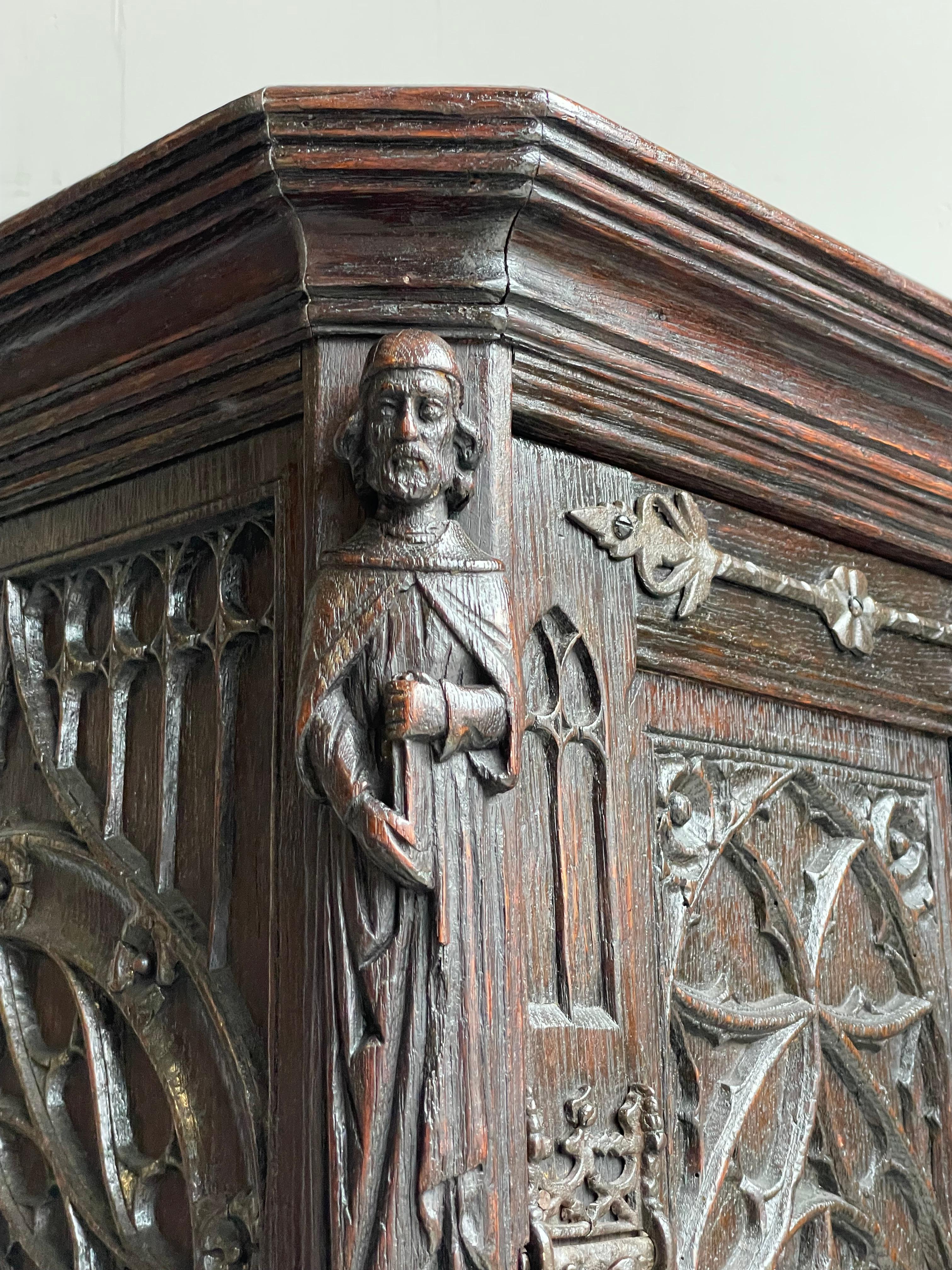 Iron Stunning Antique Gothic Style Dark Oak Cabinet w. Handcarved Medieval Sculptures For Sale