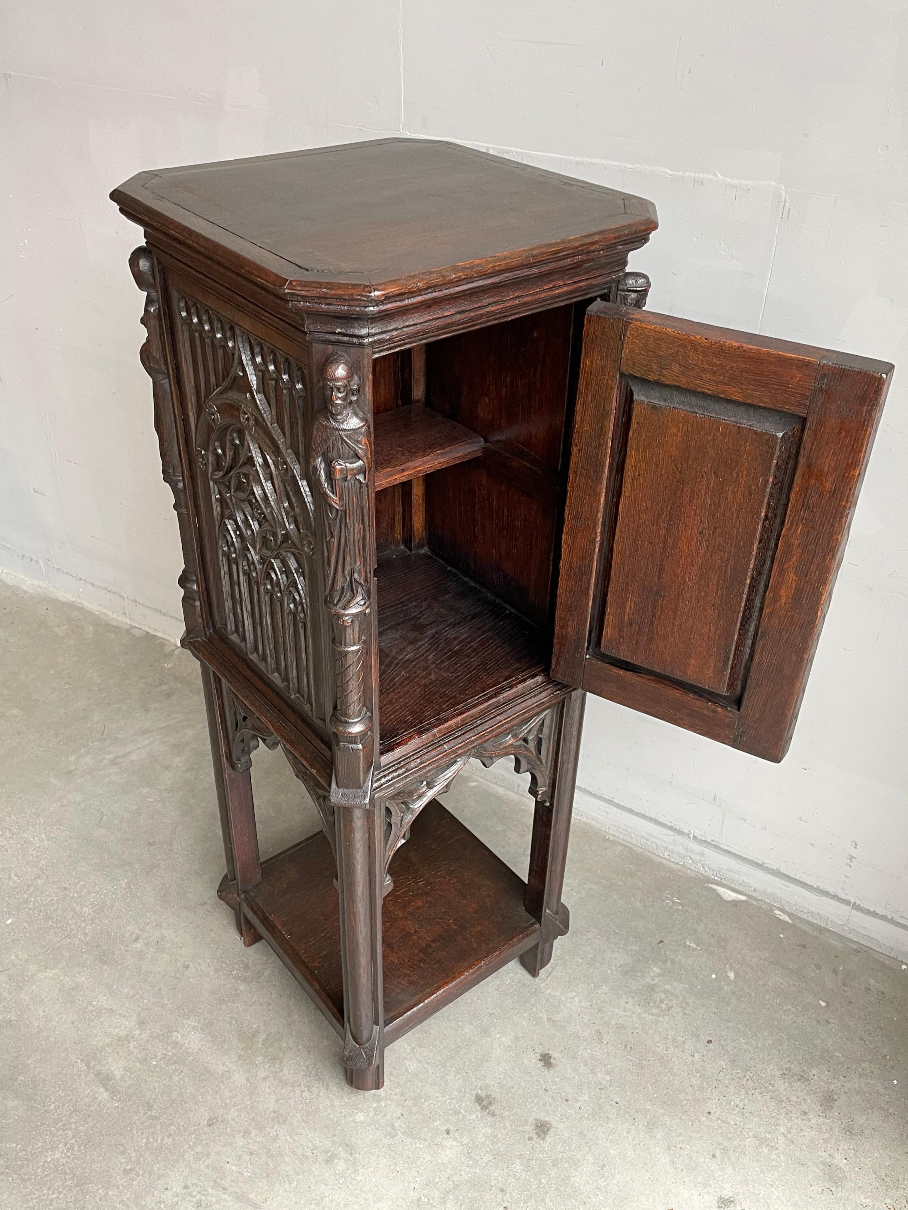 Gothic Revival Stunning Antique Gothic Style Dark Oak Cabinet w. Handcarved Medieval Sculptures For Sale