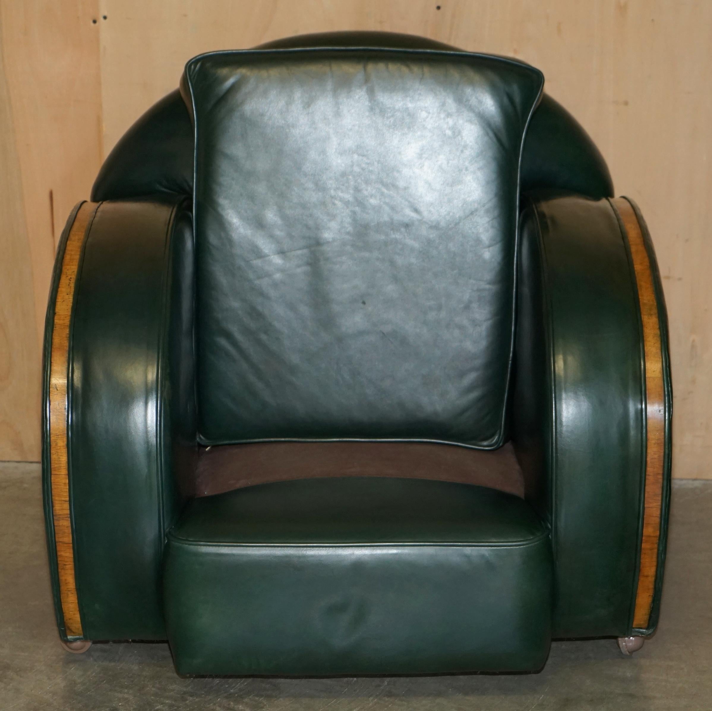 STUNNING ANTiQUE GREEN LEATHER ART DECO SOFA & ARMCHAIR THREE PIECE SUITE For Sale 2