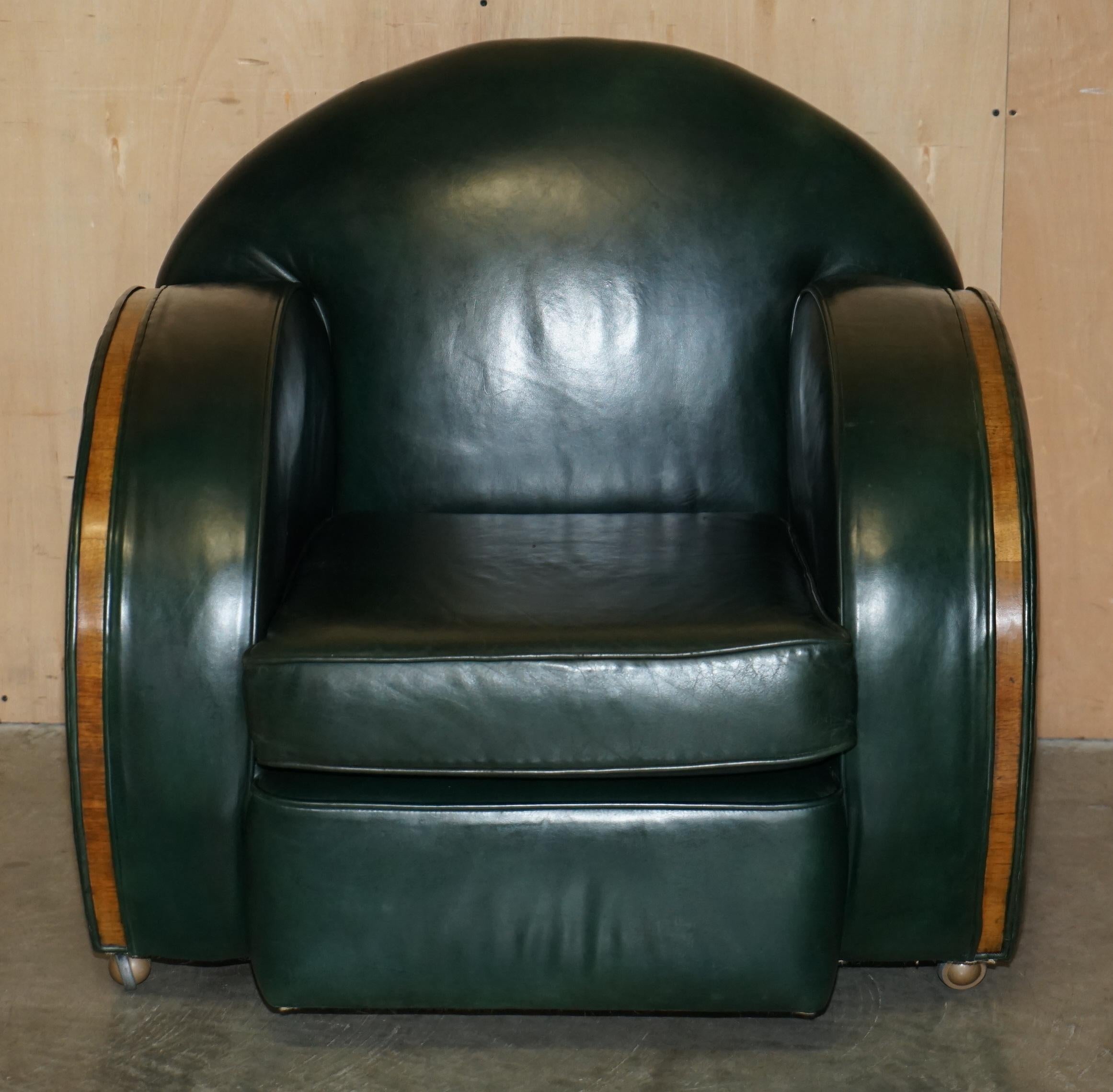 STUNNING ANTiQUE GREEN LEATHER ART DECO SOFA & ARMCHAIR THREE PIECE SUITE For Sale 4