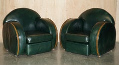 STUNNING ANTiQUE GREEN LEATHER ART DECO SOFA & ARMCHAIR THREE PIECE SUITE