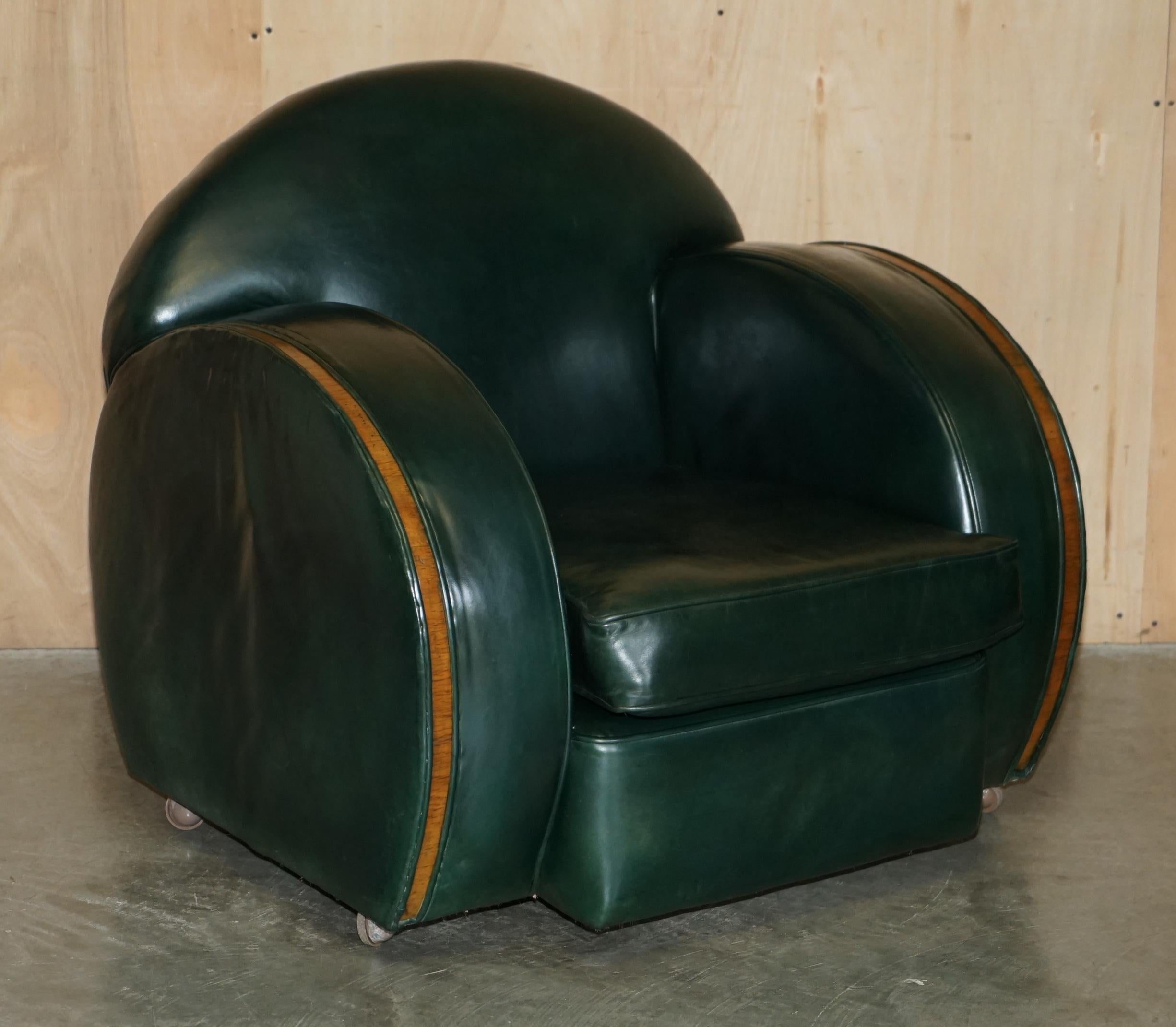 Art Deco STUNNING ANTiQUE GREEN LEATHER ART DECO SOFA & ARMCHAIR THREE PIECE SUITE For Sale
