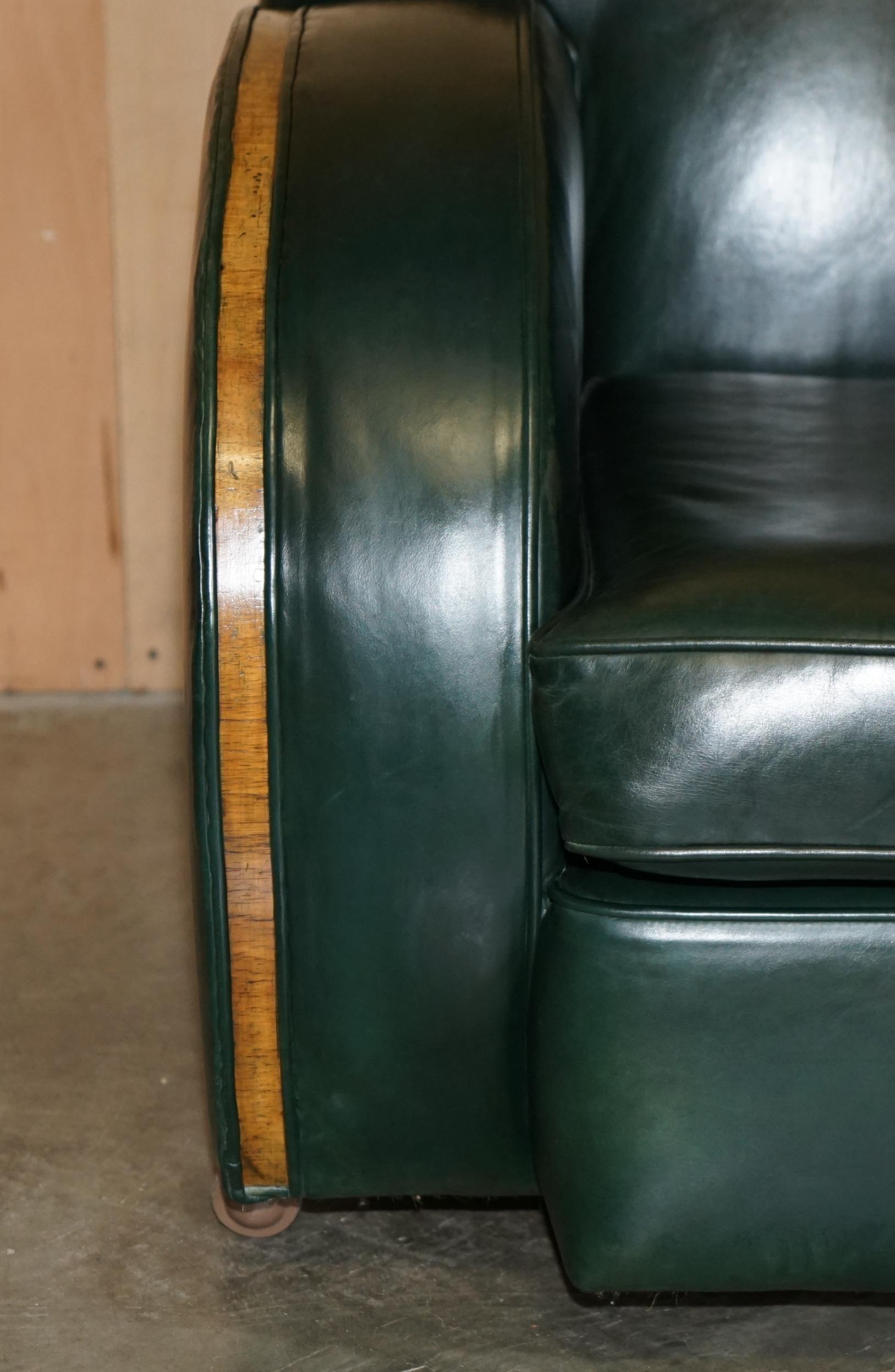 20th Century STUNNING ANTiQUE GREEN LEATHER ART DECO SOFA & ARMCHAIR THREE PIECE SUITE For Sale