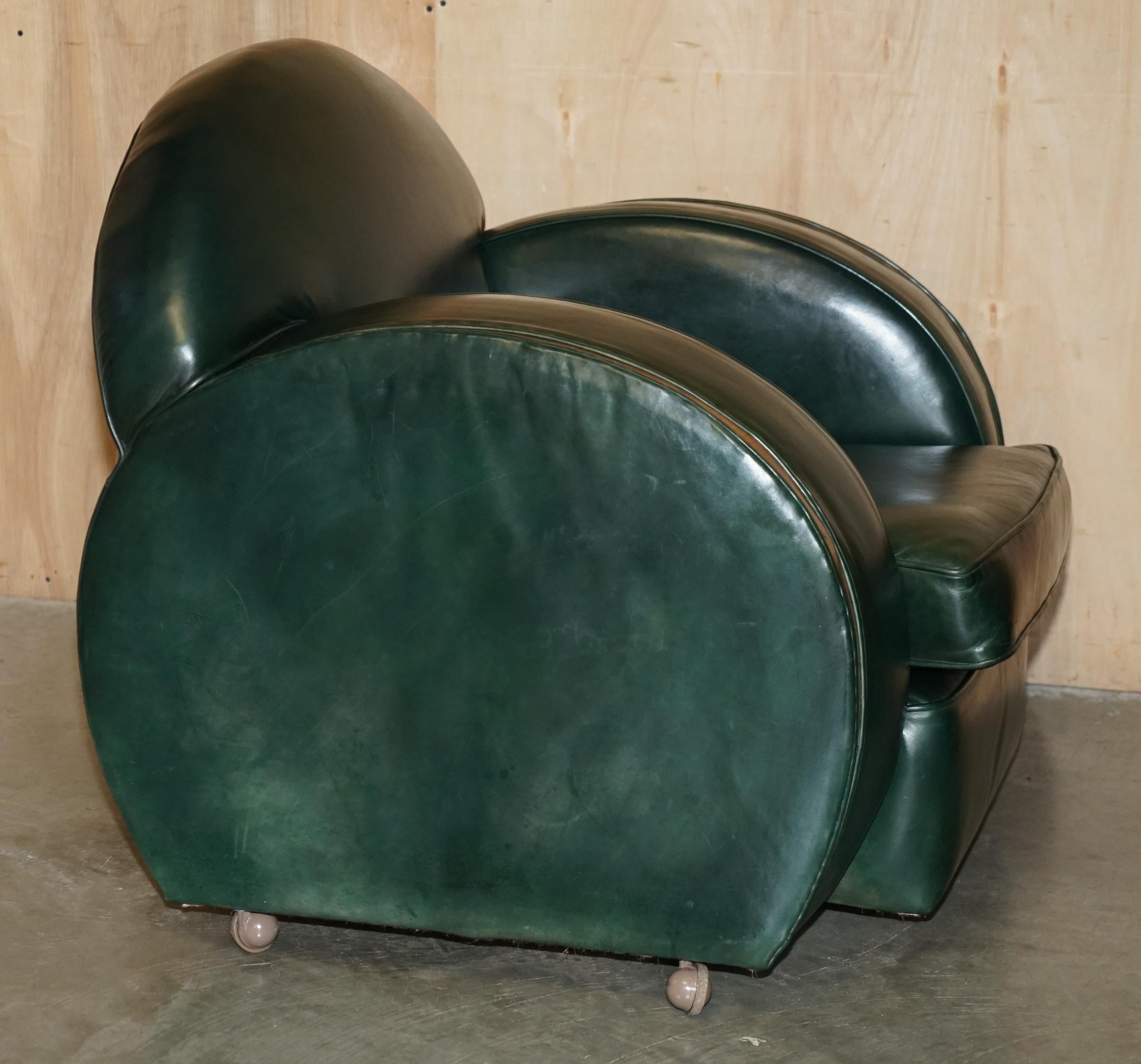 Leather STUNNING ANTiQUE GREEN LEATHER ART DECO SOFA & ARMCHAIR THREE PIECE SUITE For Sale
