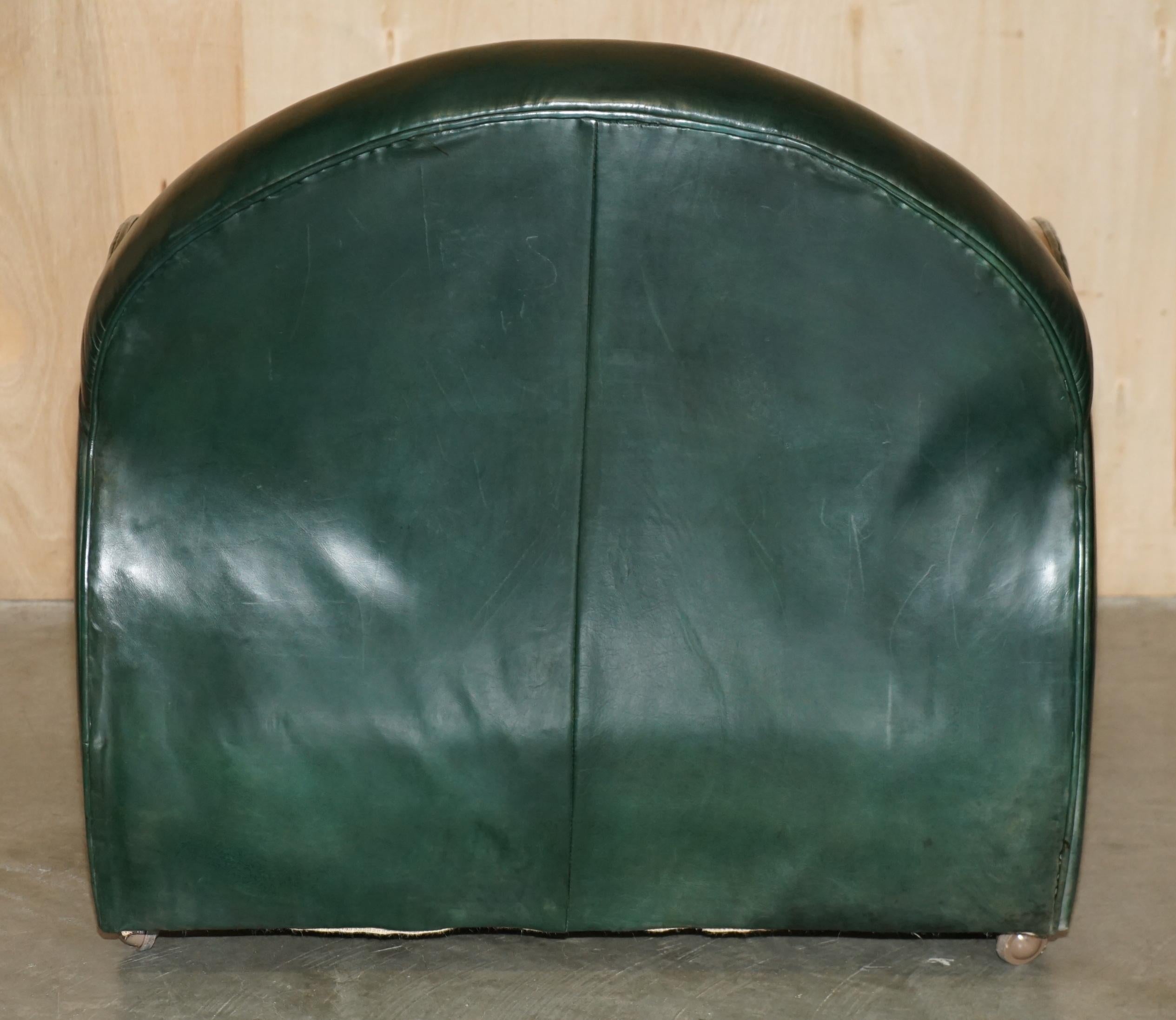 STUNNING ANTiQUE GREEN LEATHER ART DECO SOFA & ARMCHAIR THREE PIECE SUITE For Sale 1