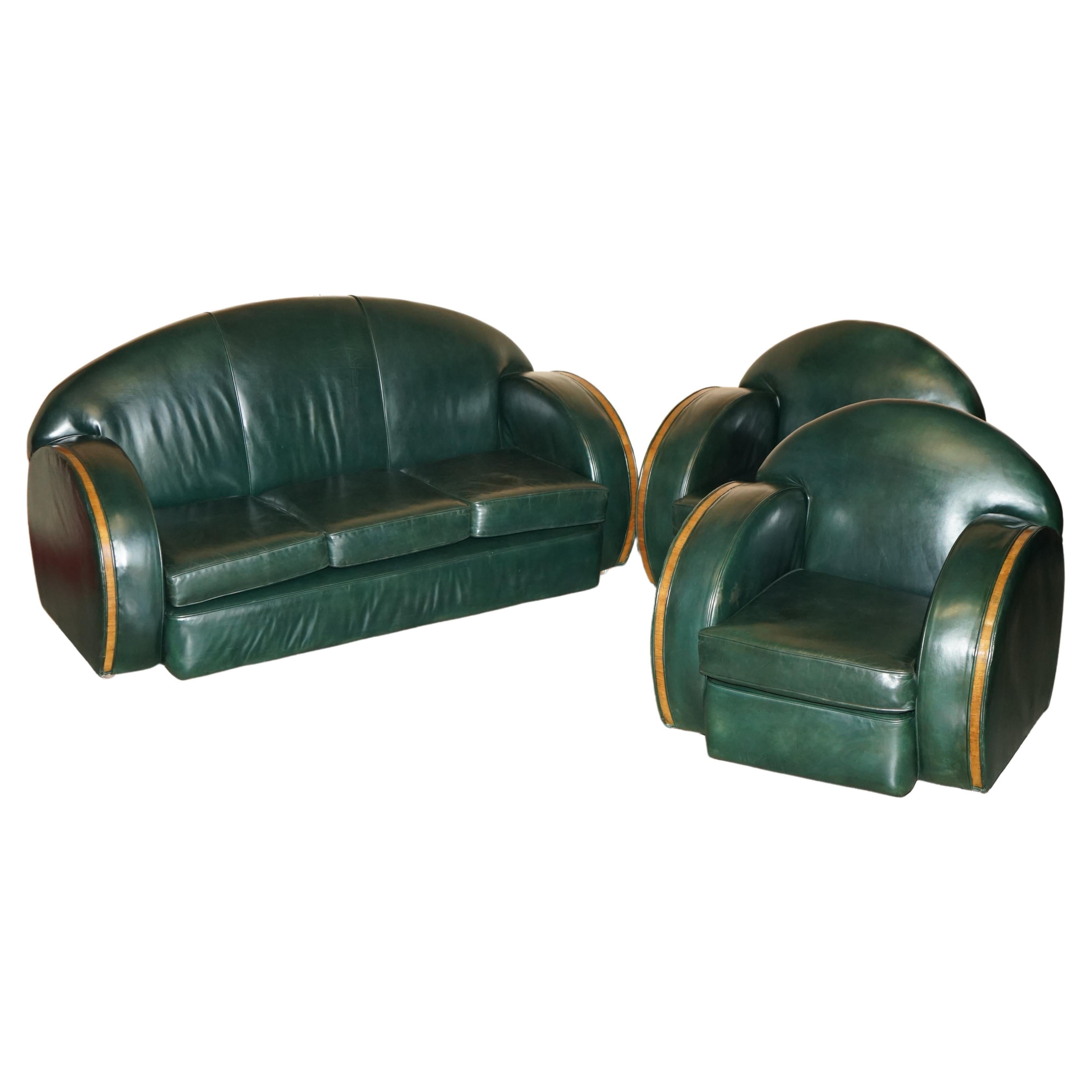 STUNNING ANTiQUE GREEN LEATHER ART DECO SOFA & ARMCHAIR THREE PIECE SUITE
