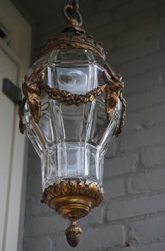 Stunning Antique Hallway or Stairwell Pendant w. Four Bronze Ram Head Sculptures