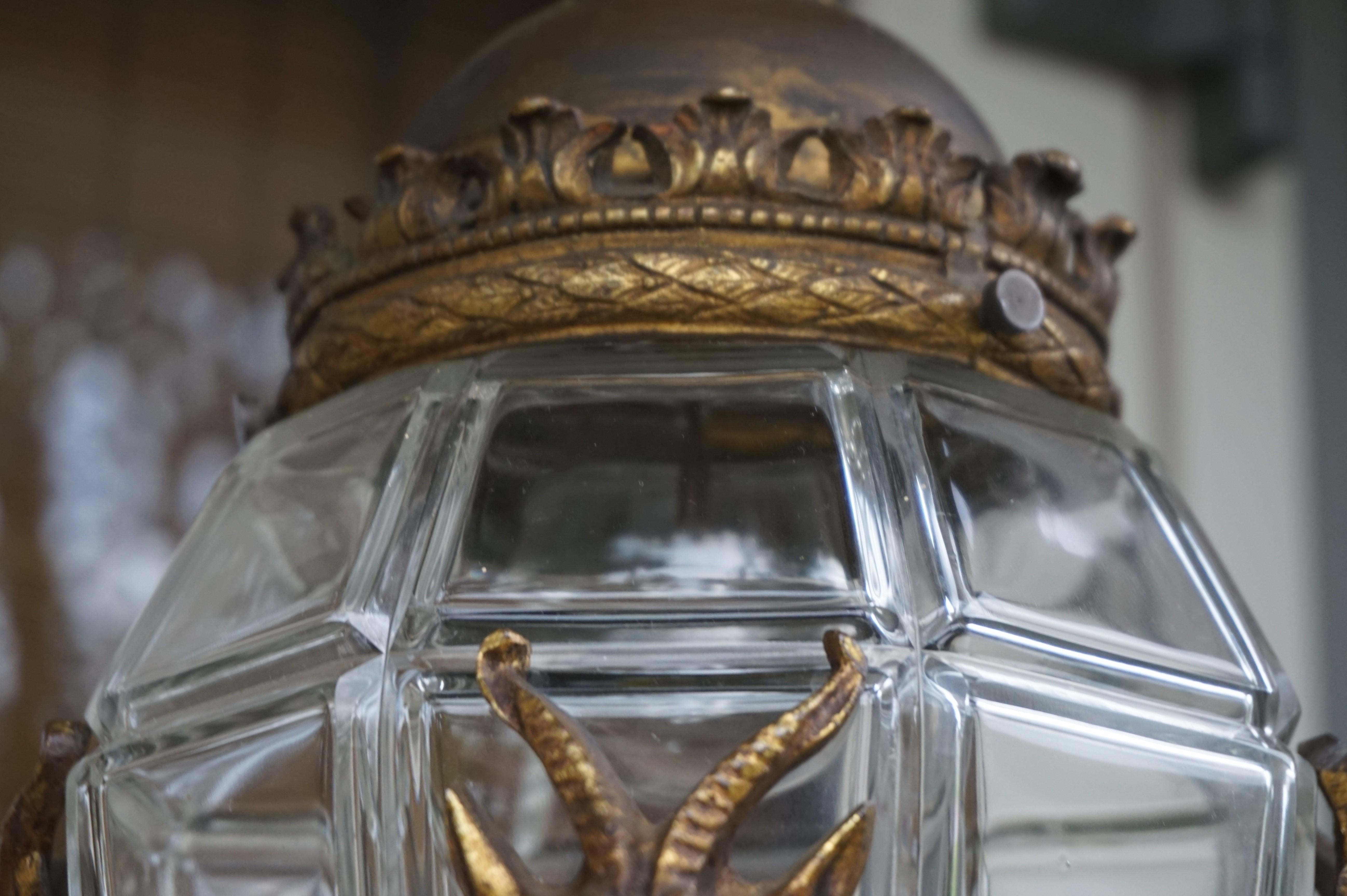 Brass Stunning Antique Hallway or Stairwell Pendant w. Four Bronze Ram Head Sculptures For Sale