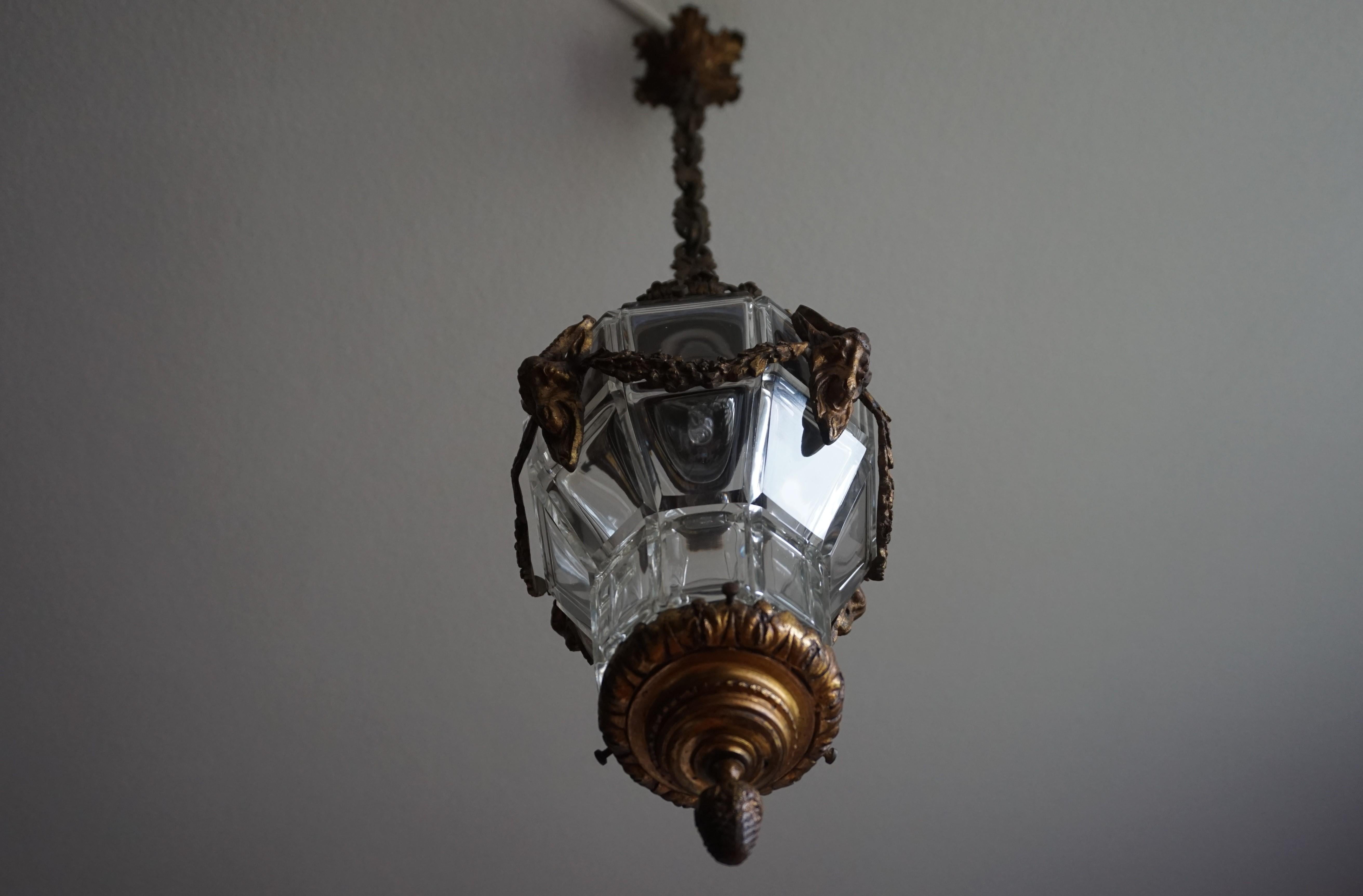 Hand-Crafted Stunning Antique Hallway or Stairwell Pendant w. Four Bronze Ram Head Sculptures For Sale