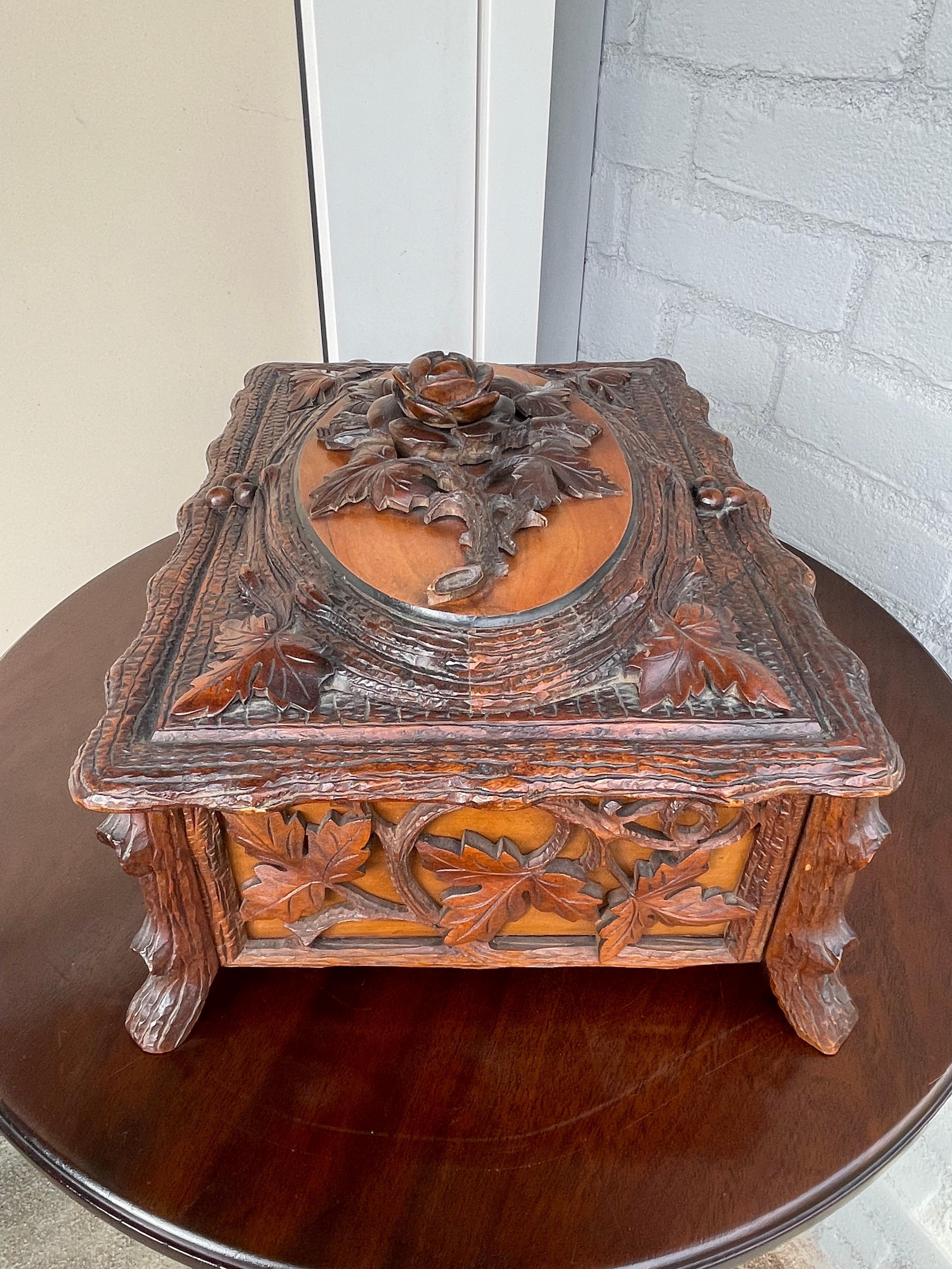 Stunning Antique Hand Carved Nutwood Black Forest Box with Secret Lock Mechanism 3