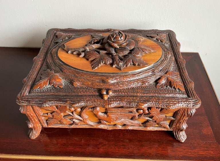 Stunning Antique Hand Carved Nutwood Black Forest Box with Secret Lock Mechanism For Sale 8