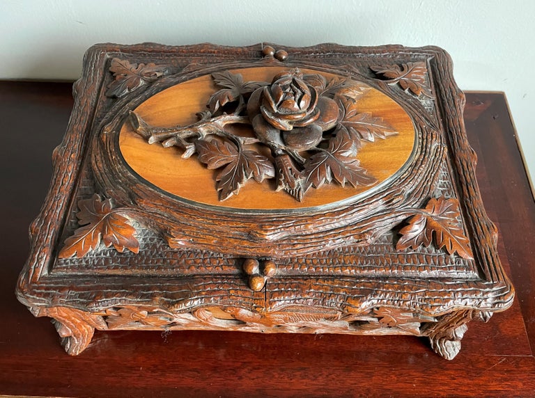 Stunning Antique Hand Carved Nutwood Black Forest Box with Secret Lock Mechanism For Sale 10