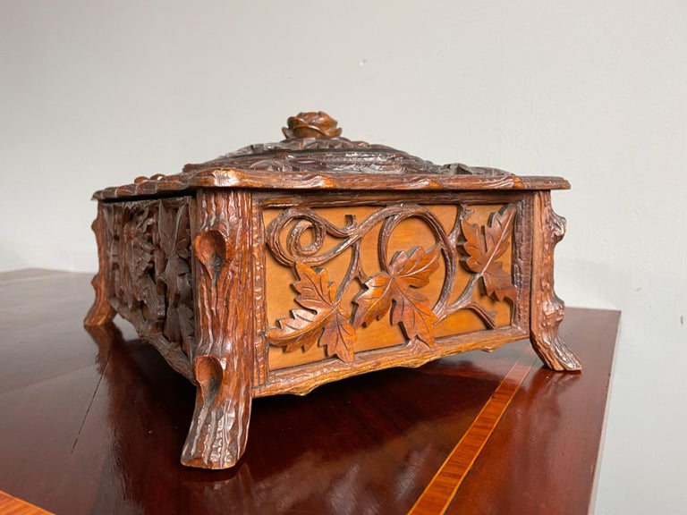 Stunning Antique Hand Carved Nutwood Black Forest Box with Secret Lock Mechanism For Sale 13